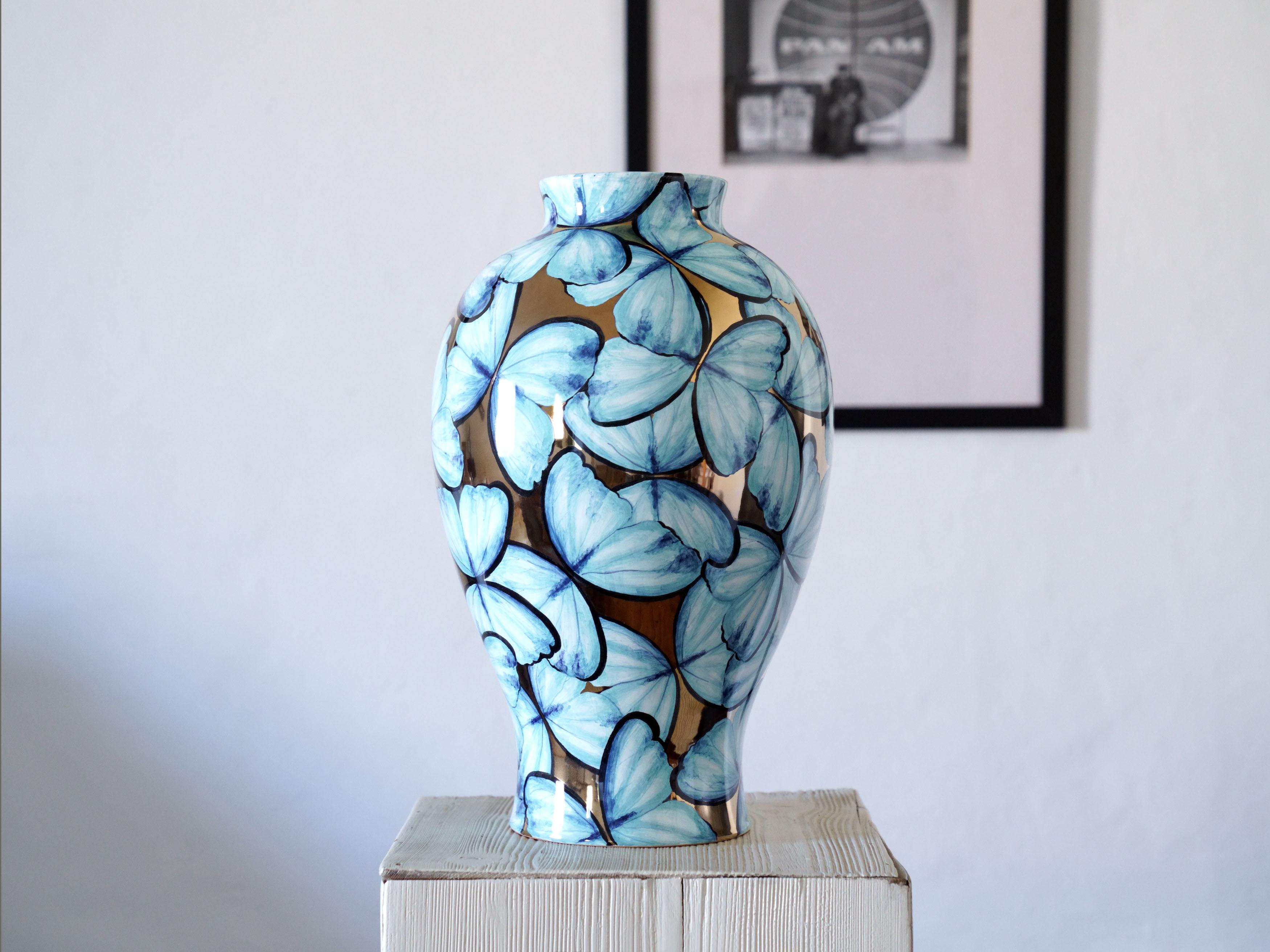 Modern Blue Ceramic Vase Butterflies 24 Kt Gold Luster Hand Painted Decorative Vessel For Sale