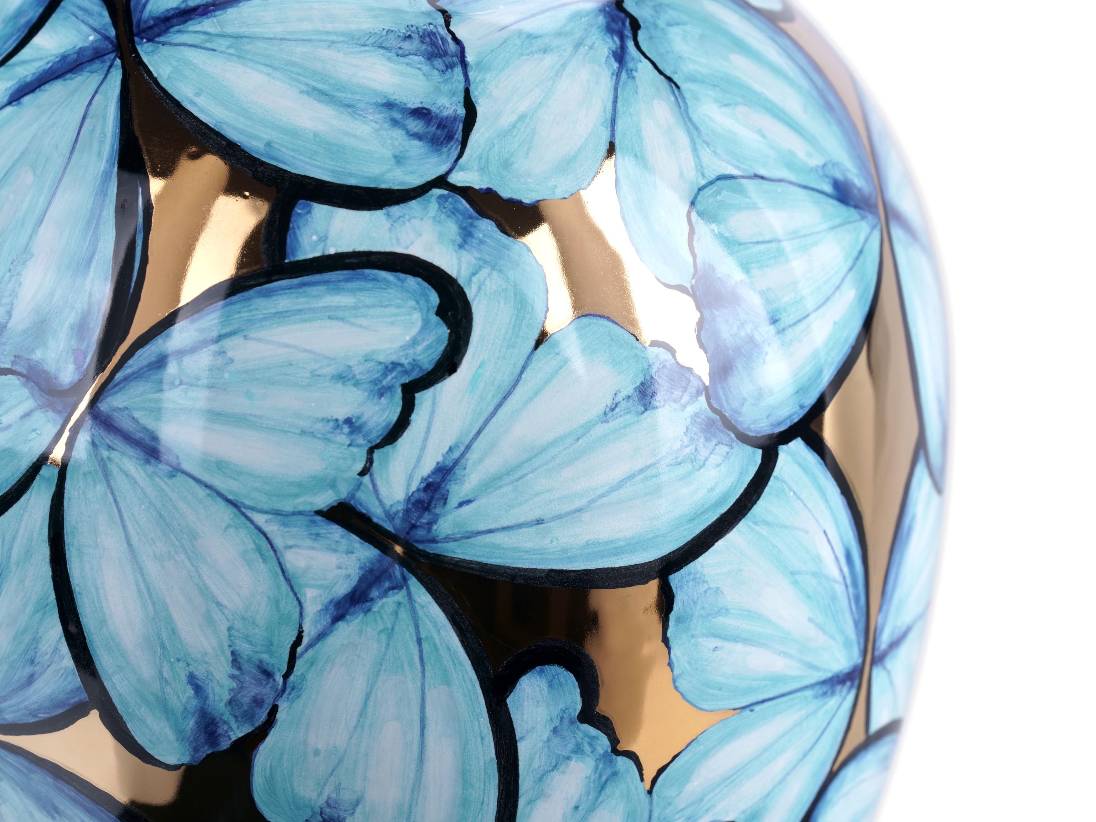 Blue Ceramic Vase Butterflies 24 Kt Gold Luster Hand Painted Decorative Vessel For Sale 1