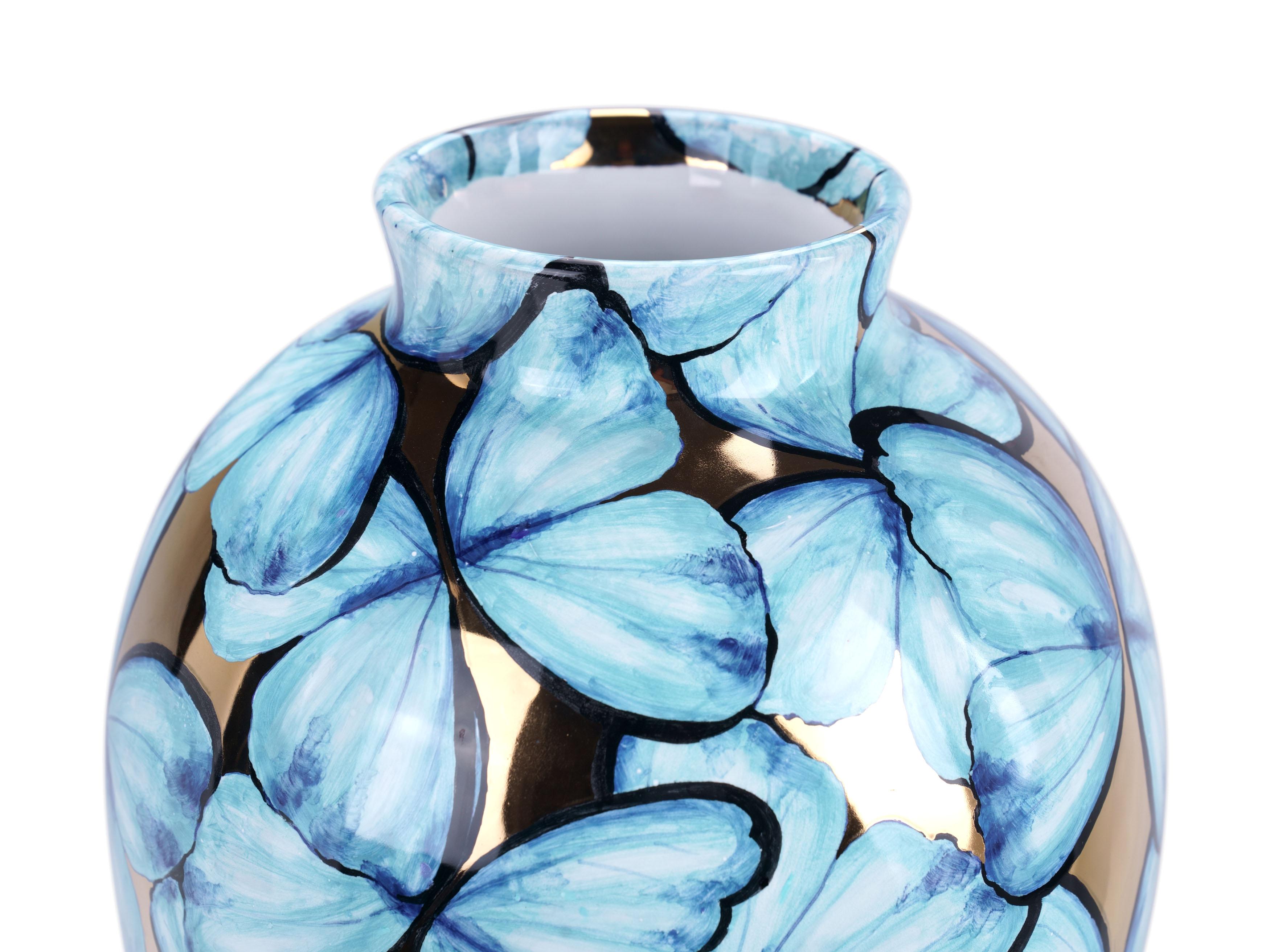 Blue Ceramic Vase Butterflies 24 Kt Gold Luster Hand Painted Decorative Vessel For Sale 2