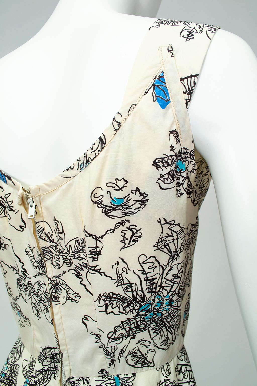 Blue Butterfly Sketch New Look Ballerina Sundress with Bib Points - XS, 1950s For Sale 2