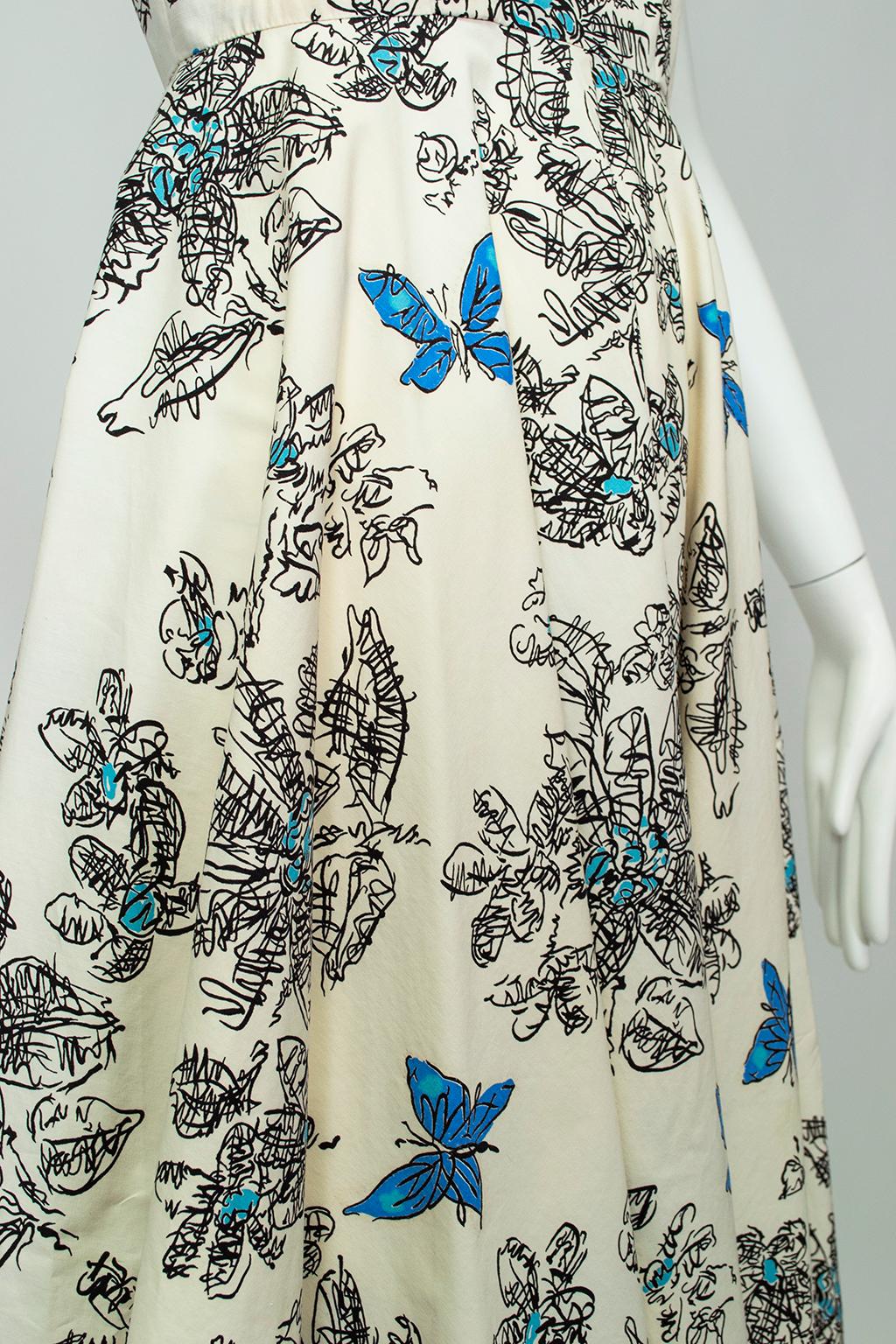 Blue Butterfly Sketch New Look Ballerina Sundress with Bib Points - XS, 1950s For Sale 3