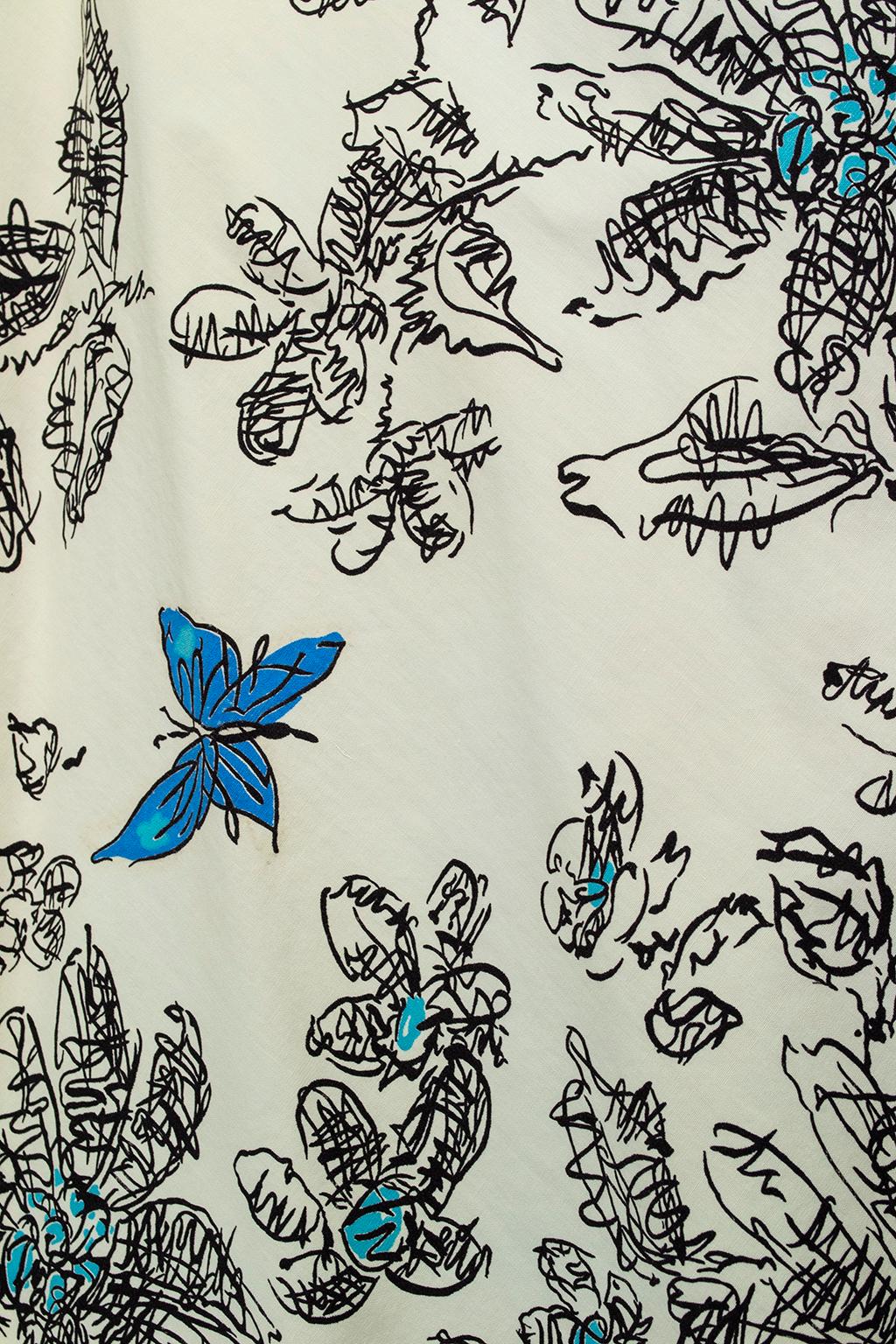 Blue Butterfly Sketch New Look Ballerina Sundress with Bib Points - XS, 1950s For Sale 4