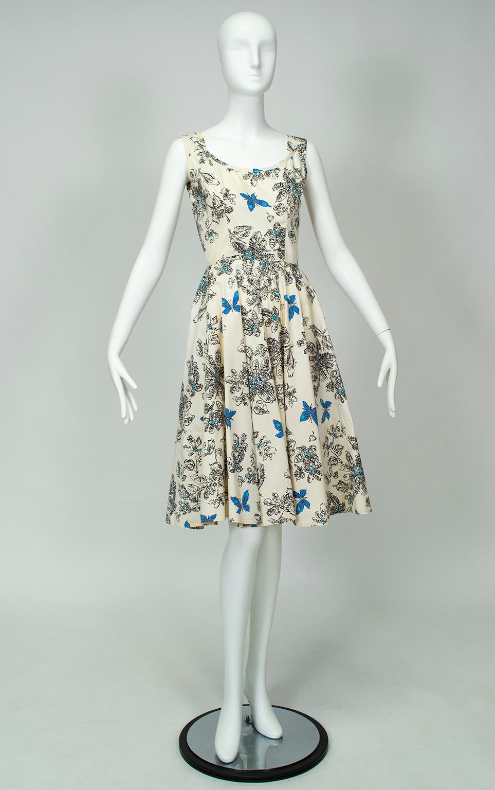 With a silhouette sweet enough for a music-box ballerina and a loose, Matisse-like butterfly sketch print, this singular party dress will be the center of attention at any gathering. The azure watercolor stain butterflies almost vibrate with