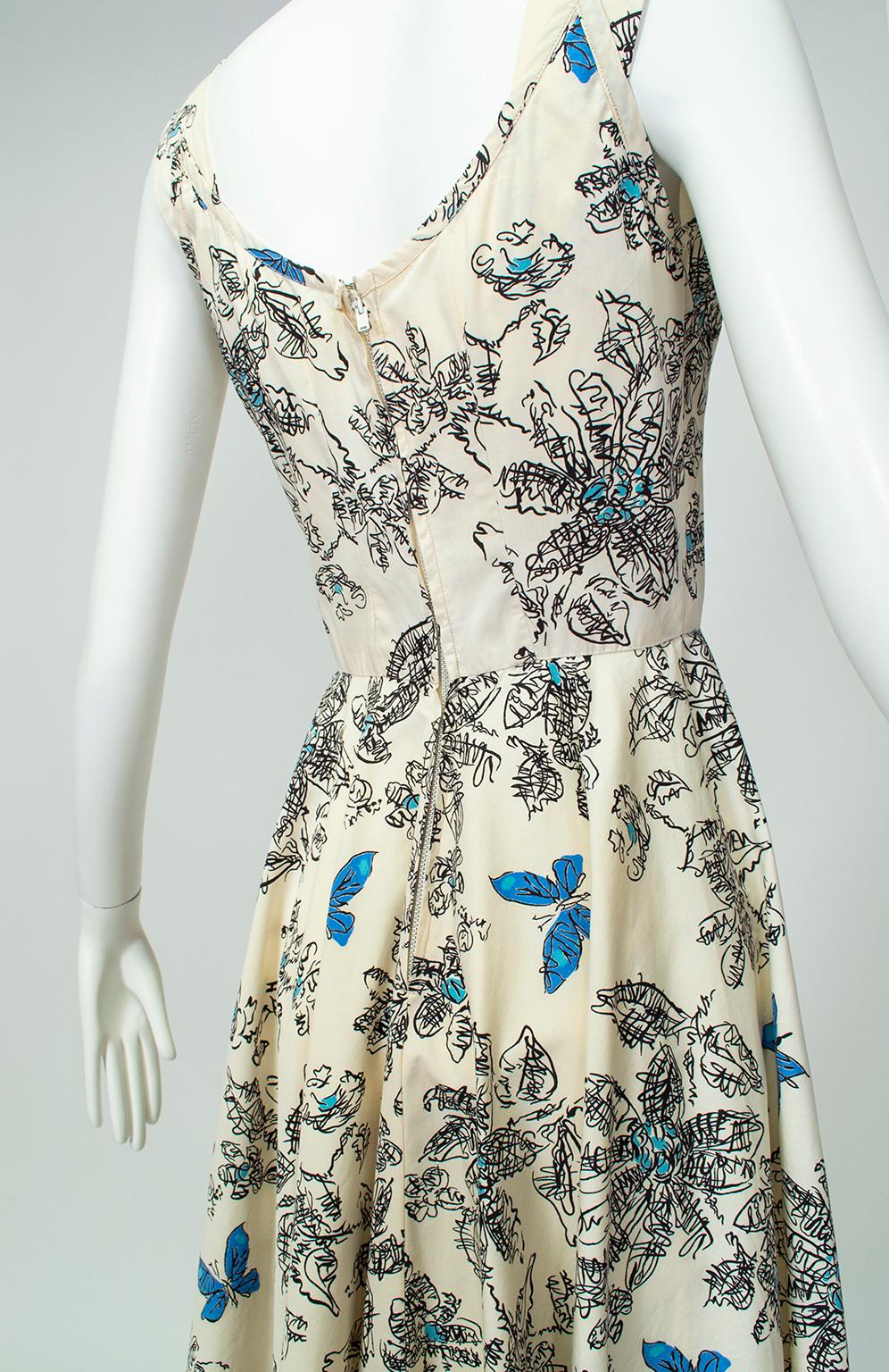 Blue Butterfly Sketch New Look Ballerina Sundress with Bib Points - XS, 1950s In Good Condition For Sale In Tucson, AZ
