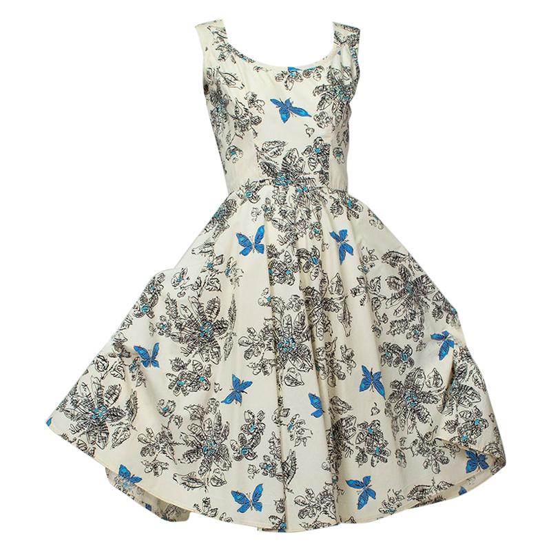 Blue Butterfly Sketch New Look Ballerina Sundress with Bib Points - XS, 1950s For Sale