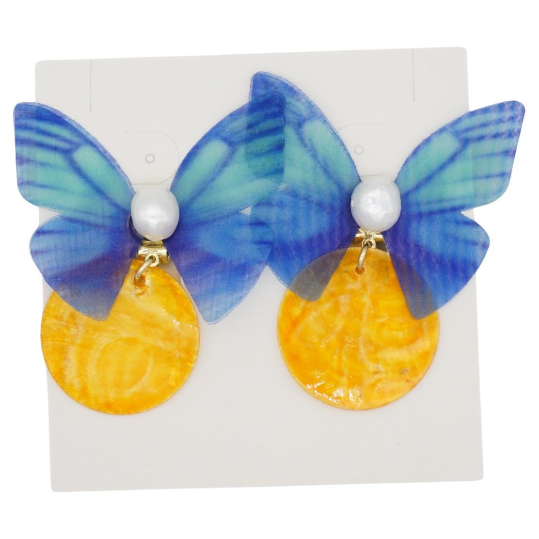 Blue Butterfly Yellow Shell Round Circle Pendant White Pearl Pierced Earrings For Sale
