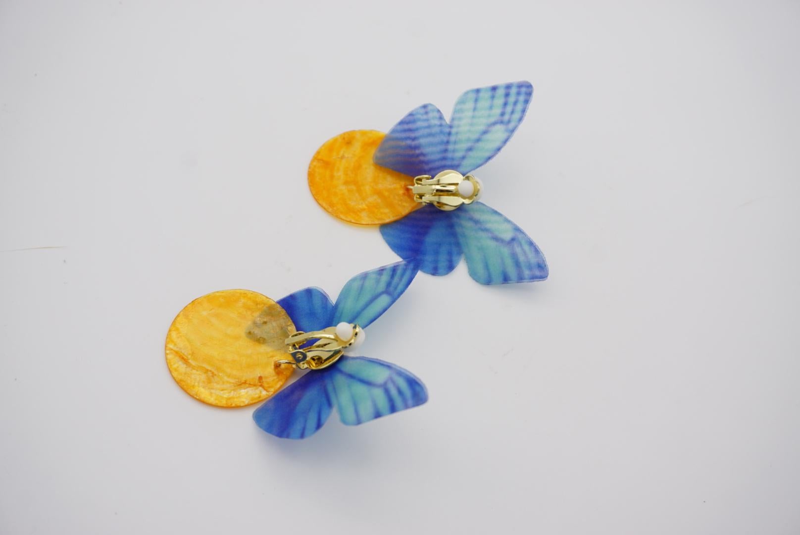 Blue Butterfly Yellow Shell Round Circle Pendant White Pearl Retro Clip Earrings For Sale 3