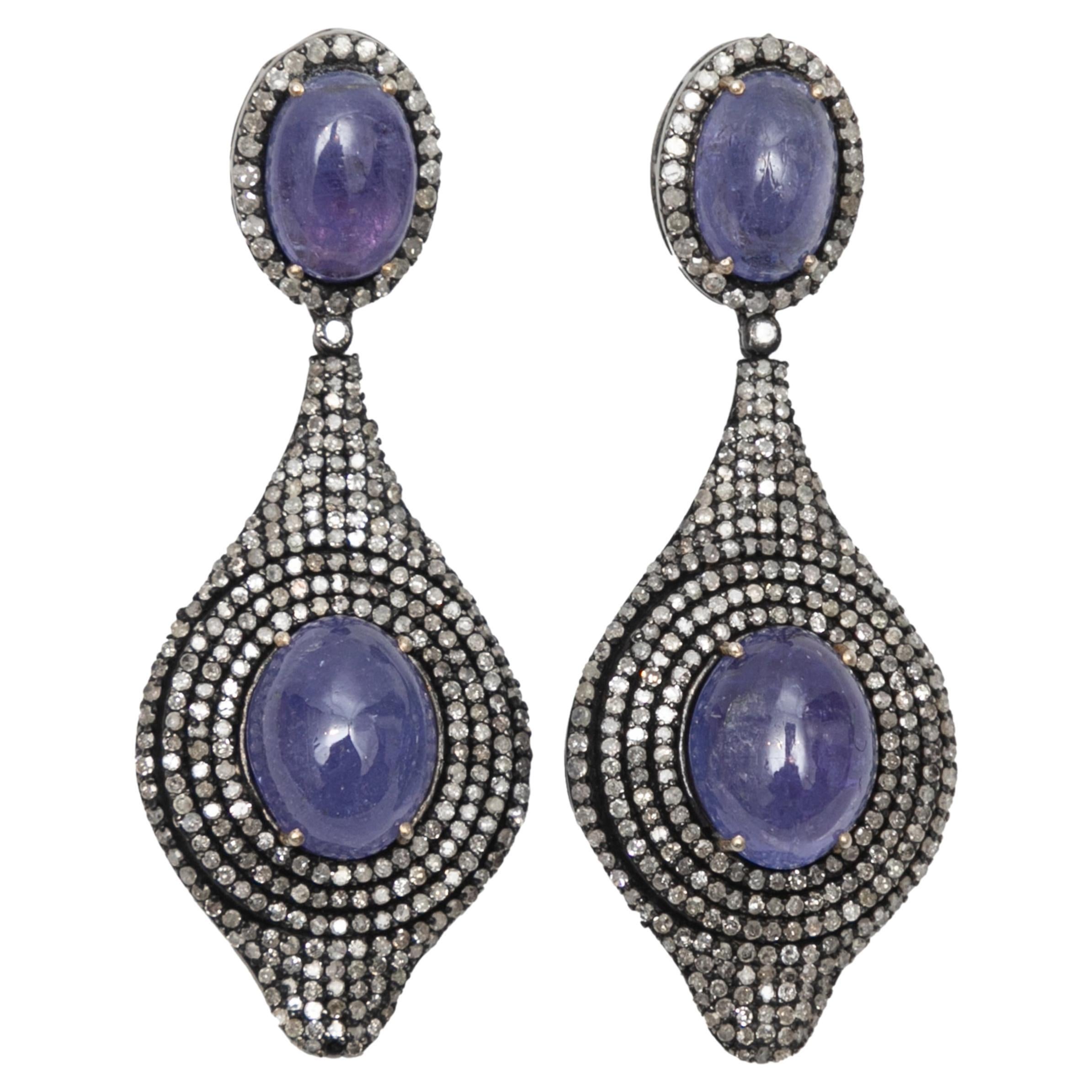 Blue Cabochon & Diamond Bavna Drop Pierced Earrings For Sale