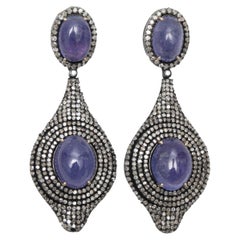 Blue Cabochon & Diamond Bavna Drop Pierced Earrings