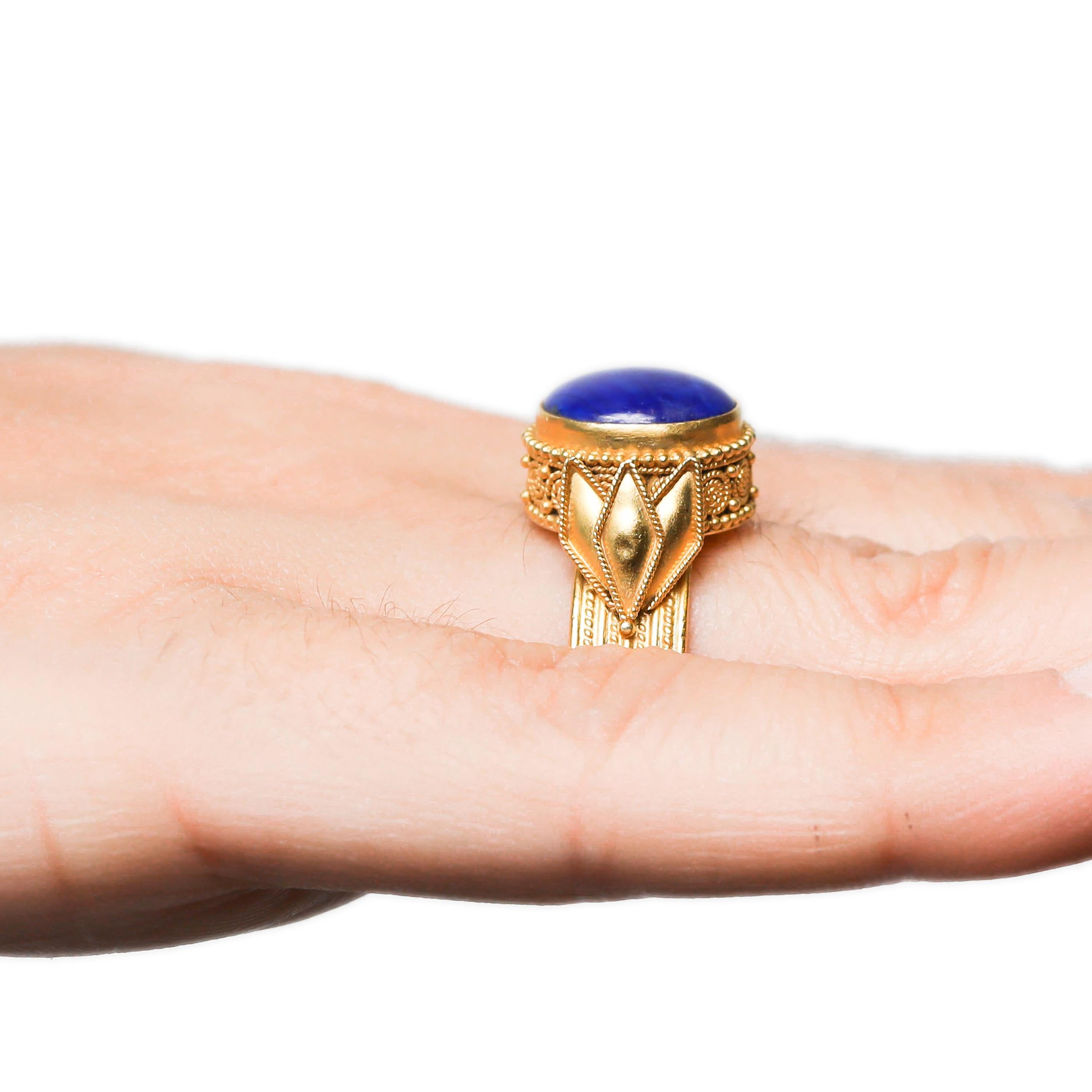 Women's Blue Cabochon Oval Shape Gemstone 22 Karat Yellow Gold Ring  For Sale