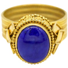 Blue Cabochon Oval Shape Gemstone 22 Karat Yellow Gold Ring