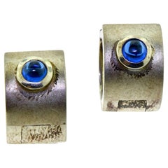 Blue Cabochon Sapphires in Sterling Silver Hoop Earrings