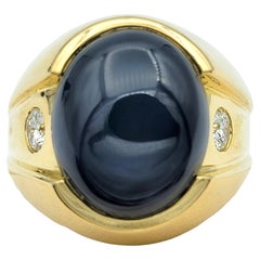 Blue Cabochon Star Sapphire and Diamond Cocktail Ring in 14 Karat Yellow Gold