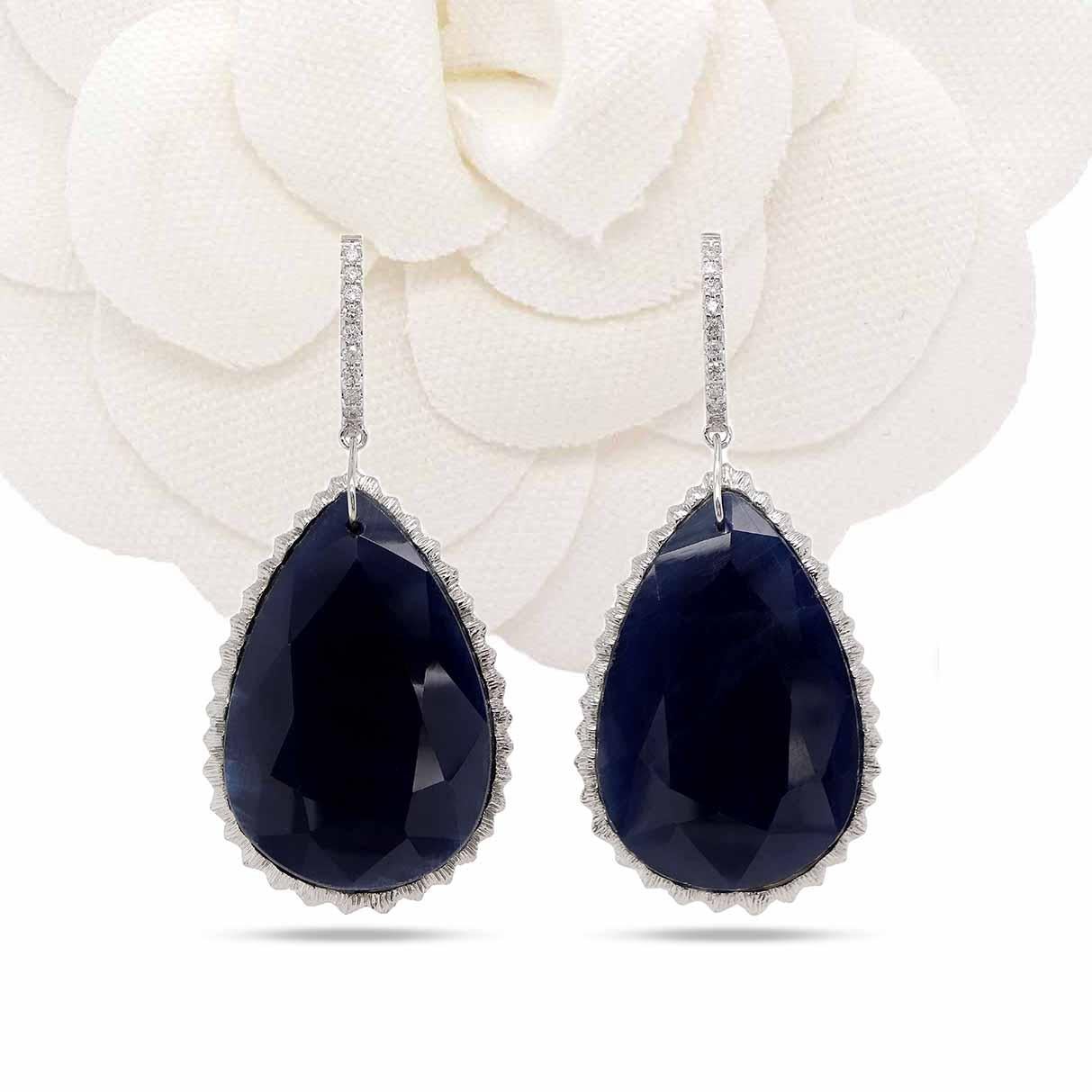 Blue Cabuchon Pear Shape Sapphire Earrings in 18k White Gold  In New Condition For Sale In Houston, TX