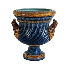Blue Cachepot, Manufacture of Sarreguemines, France, End of the 19th Century