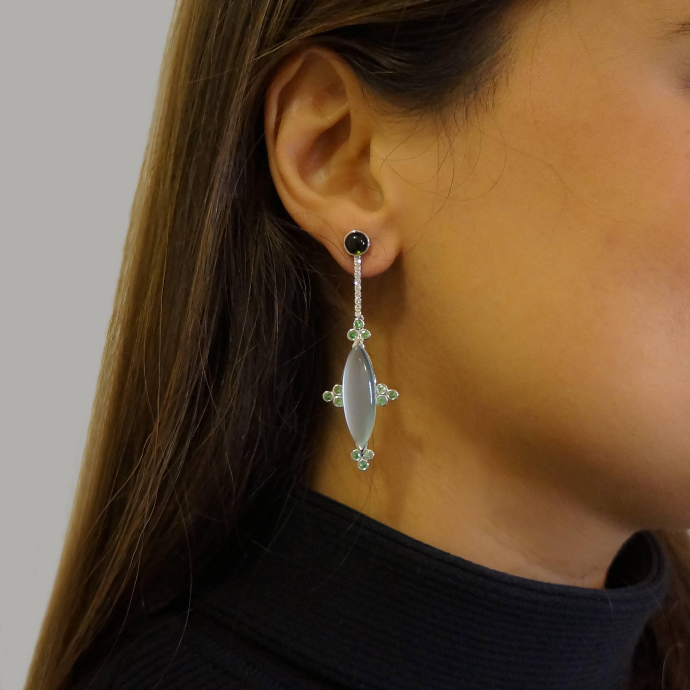 Contemporary Blue Calcedony with Tsavorite and Diamond Earrings For Sale