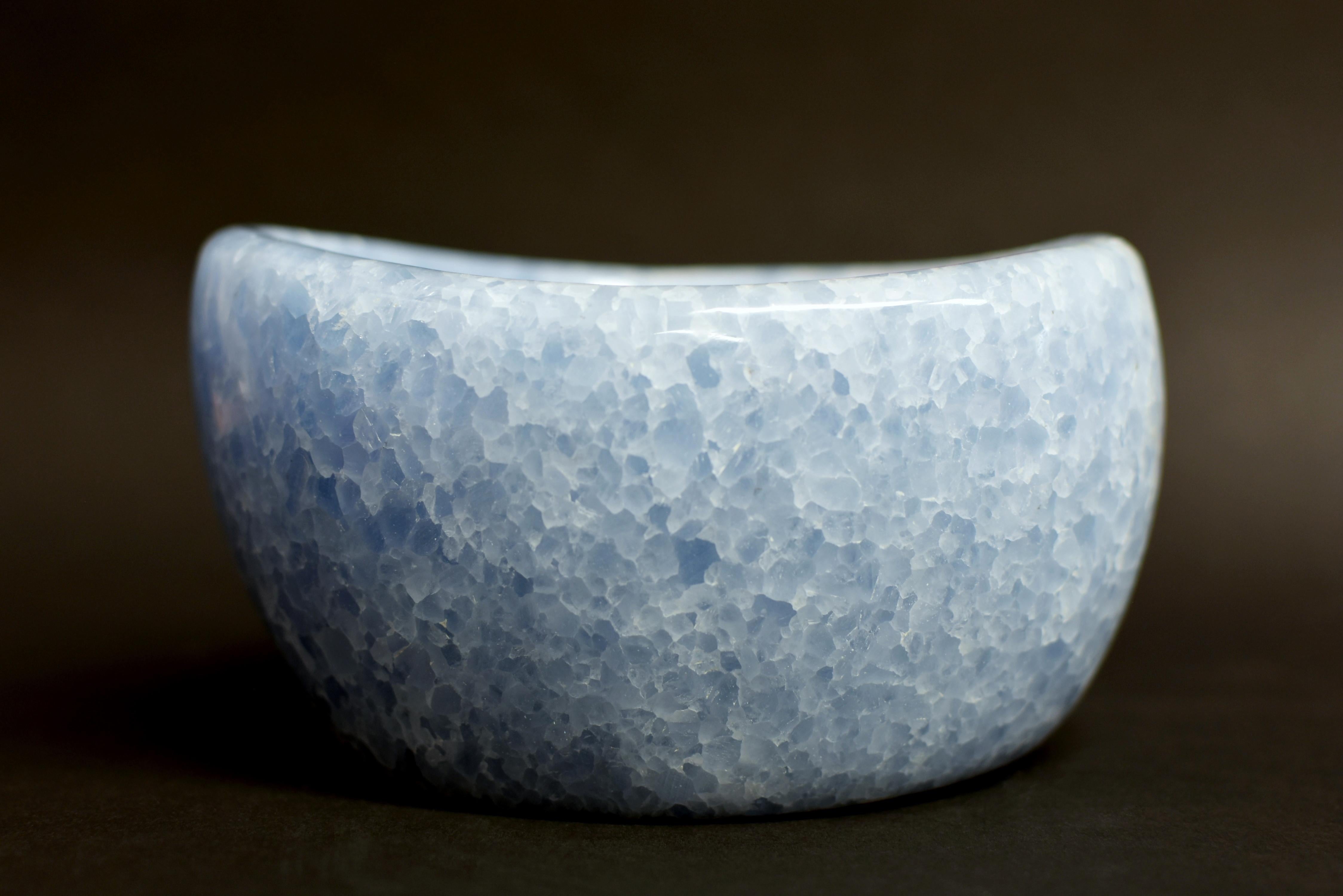 Hand-Carved Blue Calcite Bowl 6.6 lb Blue and White For Sale