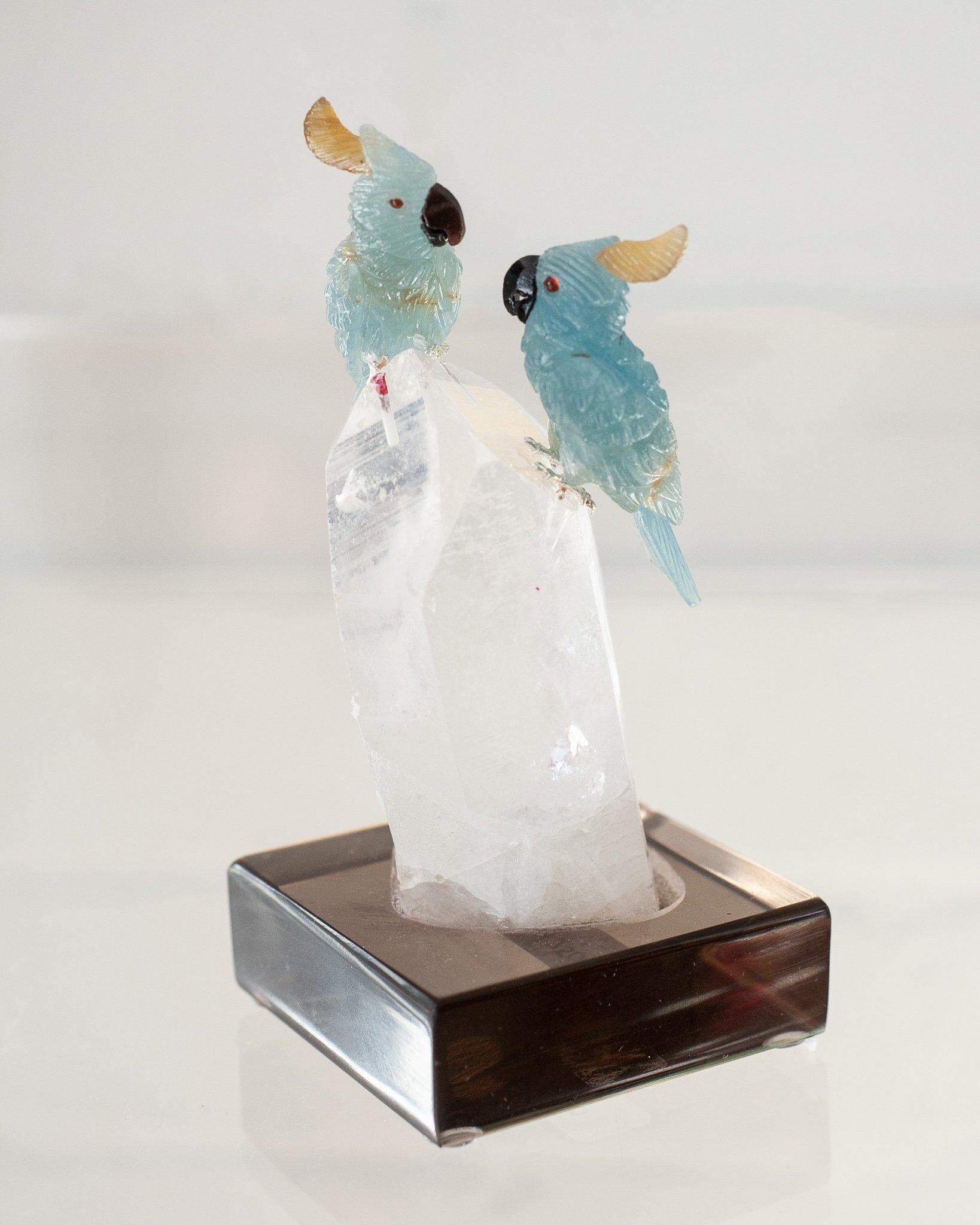 Hand-Carved Blue Calcite Loverbird Pair on Clear Quartz Point Mineral Base