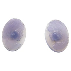 Blue Cammeo Agate Oval Woman Head 14 Karat Gold Stud Chic Cocktail Earrings