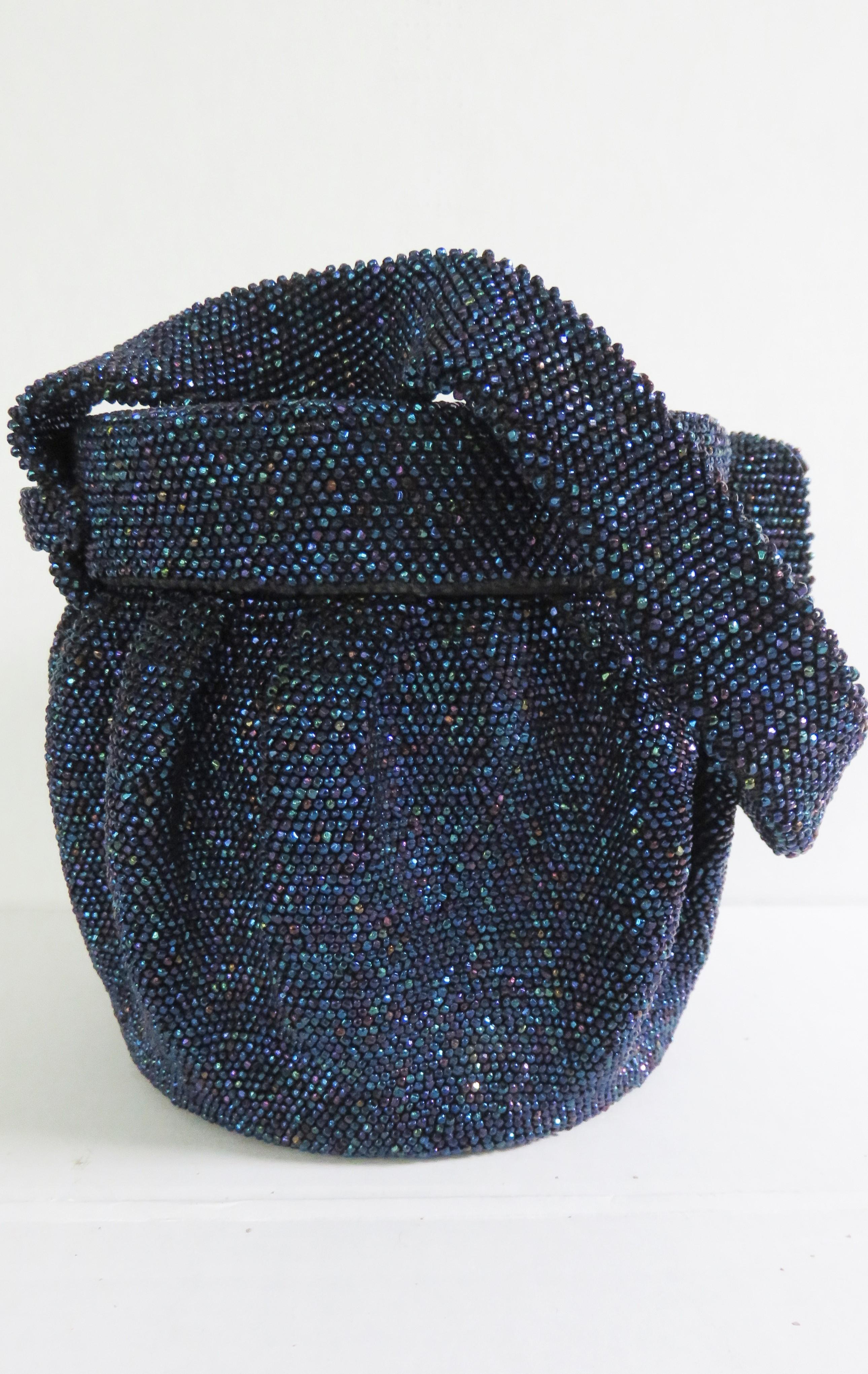 Blue Carnival Glass Beaded 1940s Box Handbag For Sale 6