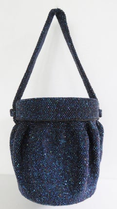 Blue Carnival Glass Beaded 1940s Round Box Handbag