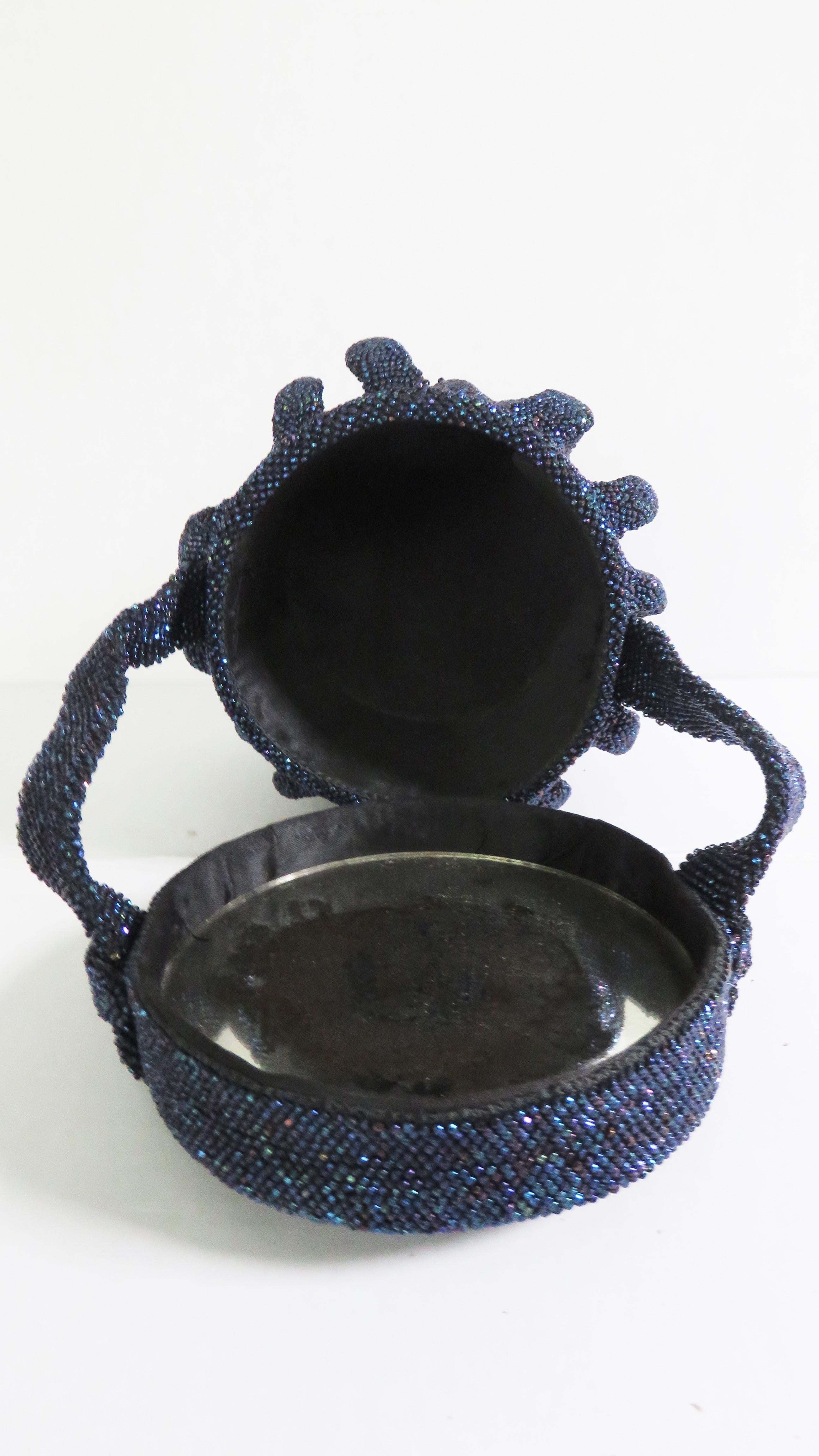 Blue Carnival Glass Beaded 1940s Box Handbag For Sale 4