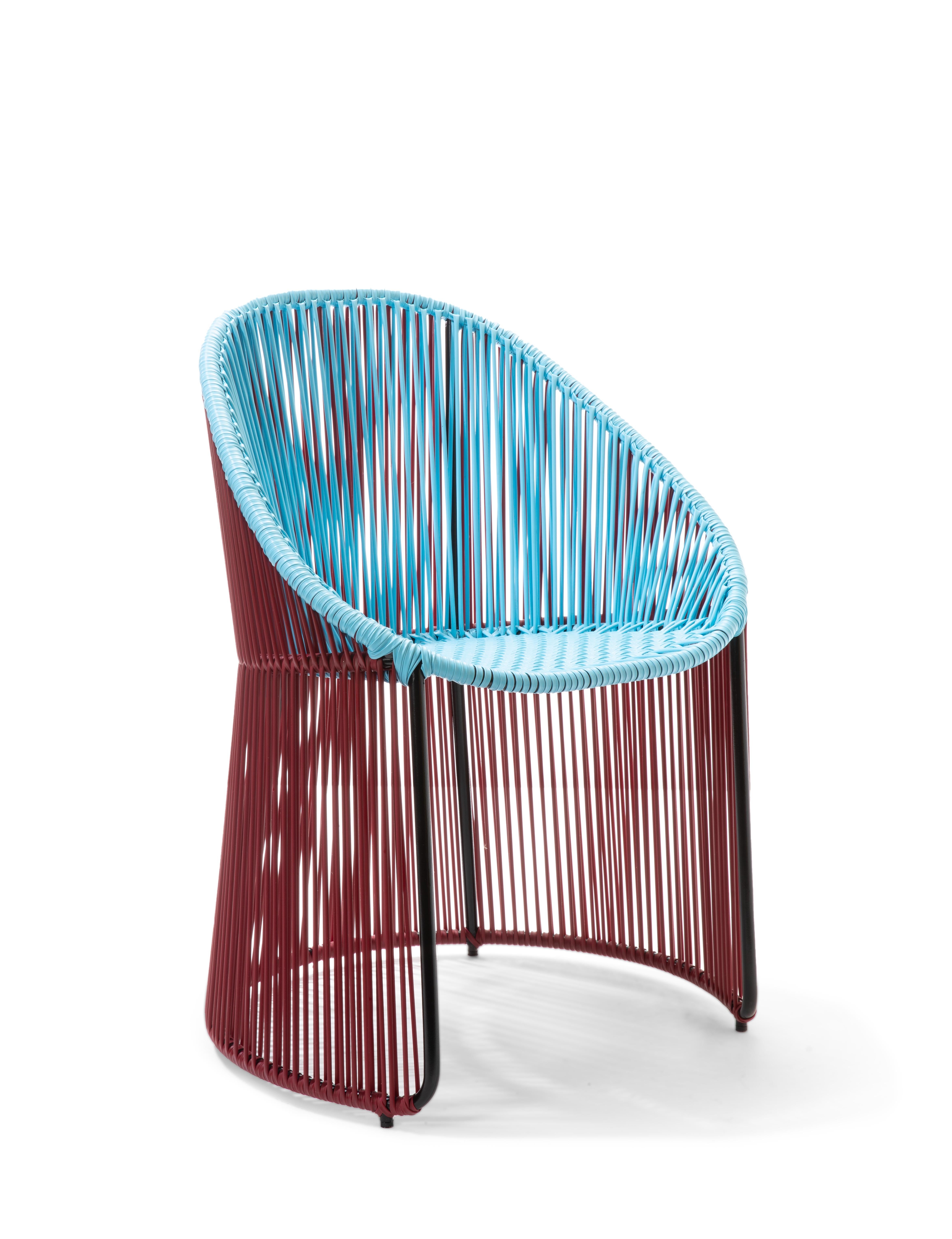 Blue pastel/purple cartagenas dining chair by Sebastian Herkner
Materials: PVC strings. Galvanized and powder-coated tubular steel frame
Technique: made from recycled plastic. Weaved by local craftspeople in Colombia. 
Dimensions: W 60.2 x D 53.8