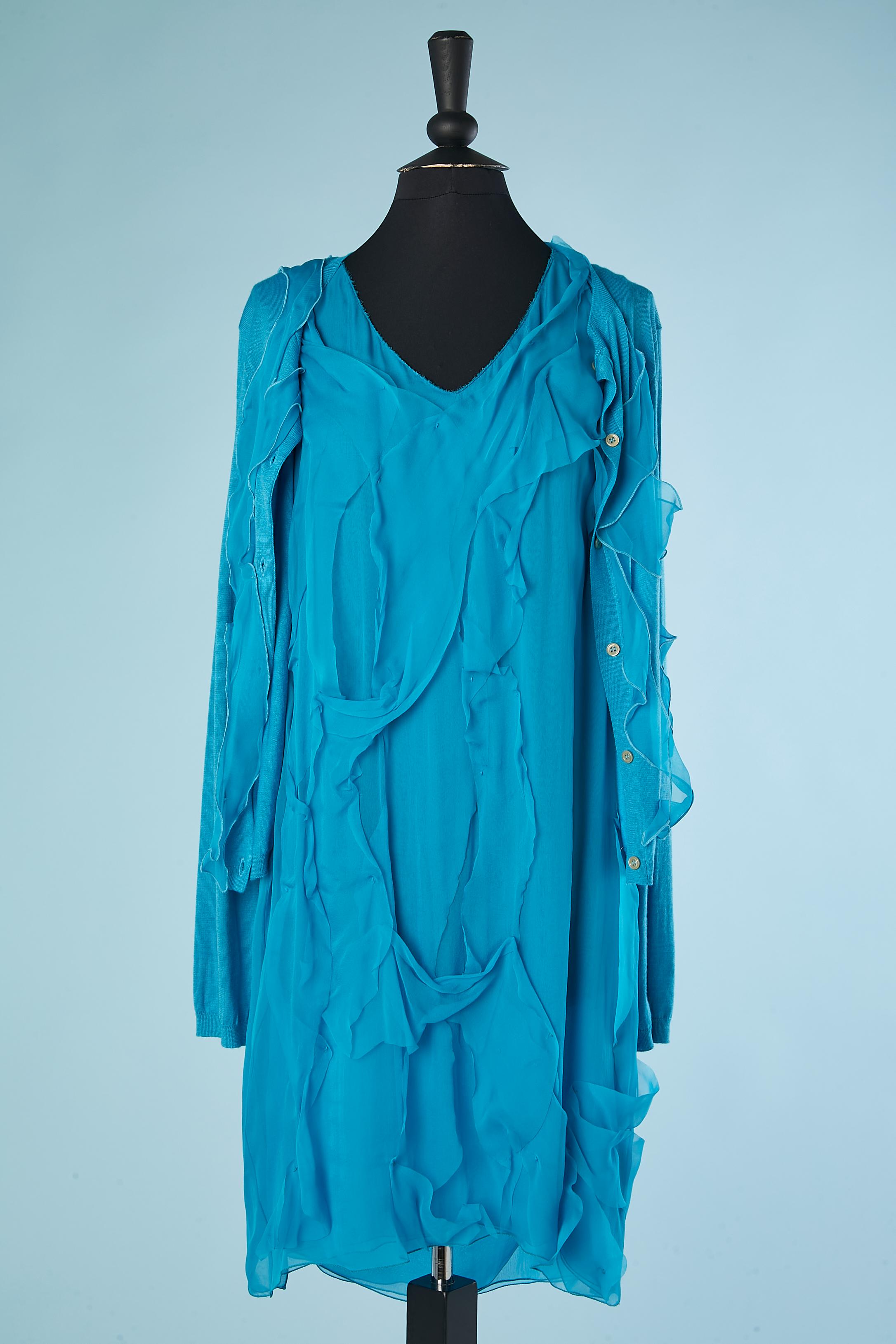 Women's Blue cashmere cardigan and blue silk chiffon dress ensemble Bottega Veneta  For Sale