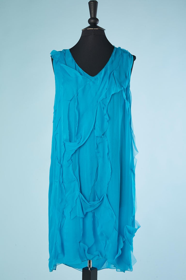 Blue cashmere cardigan and blue silk chiffon dress ensemble Bottega