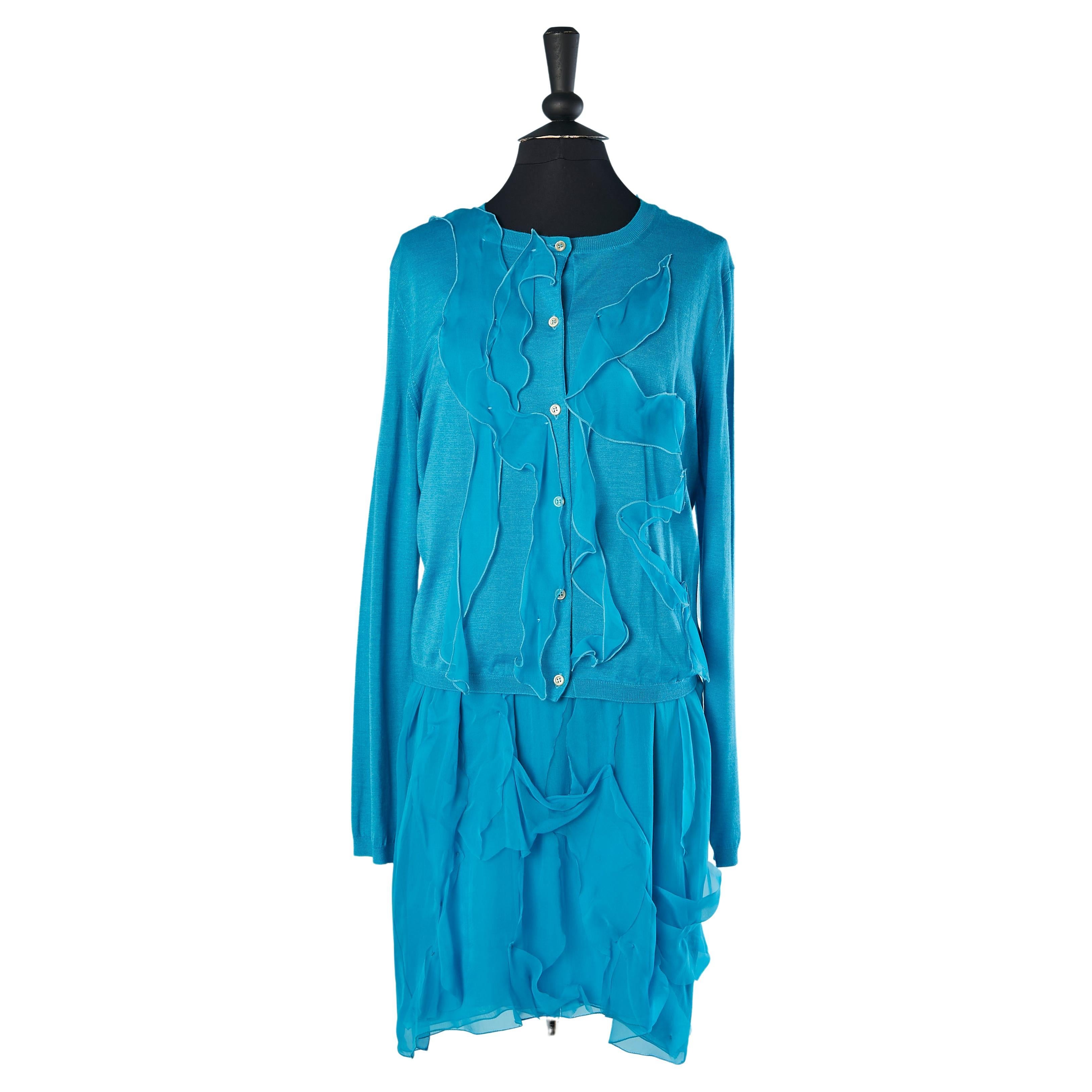 Blue cashmere cardigan and blue silk chiffon dress ensemble Bottega Veneta  For Sale