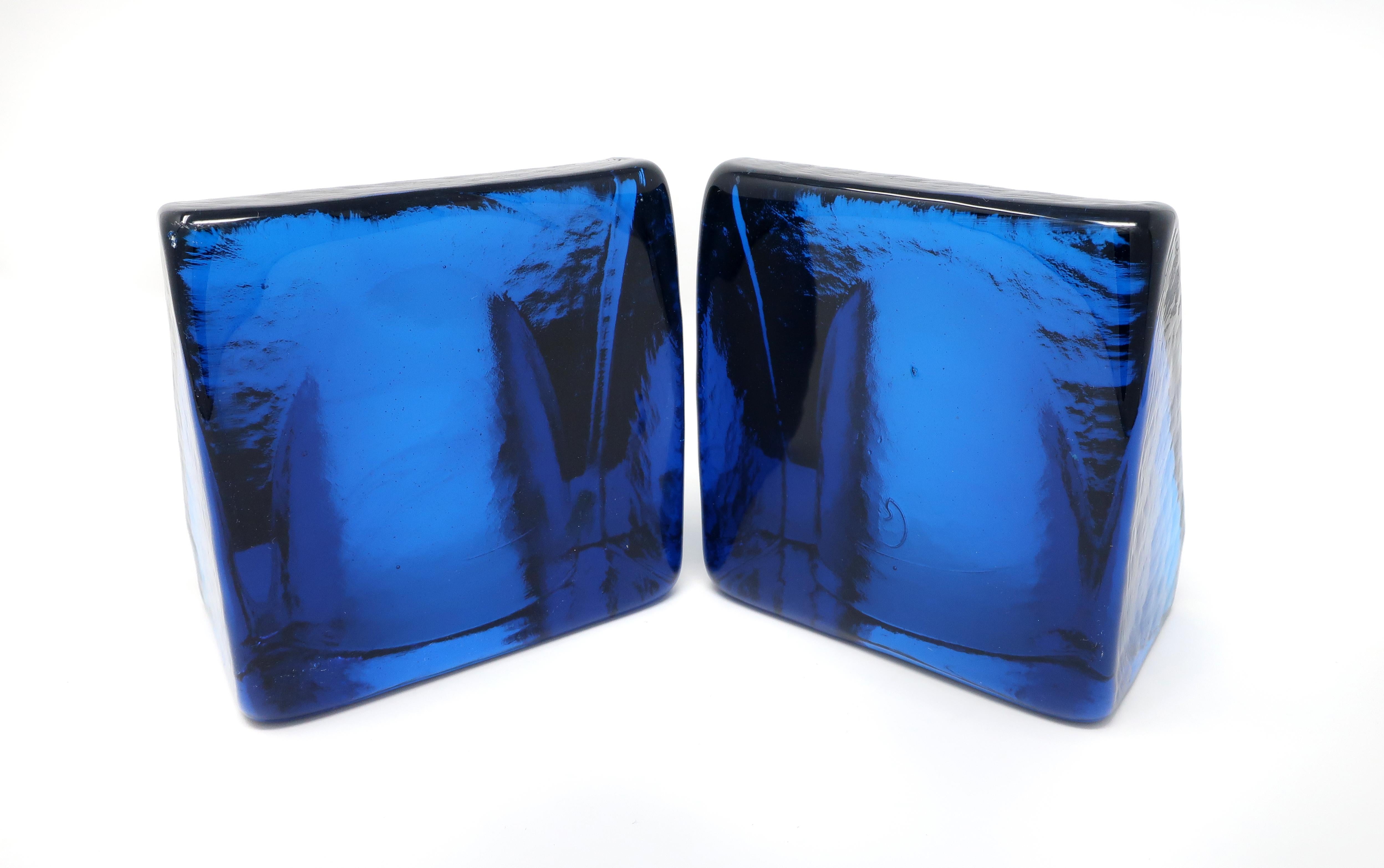 Mid-Century Modern Blue Cast Glass Bookends by Wayne Husted for Blenko