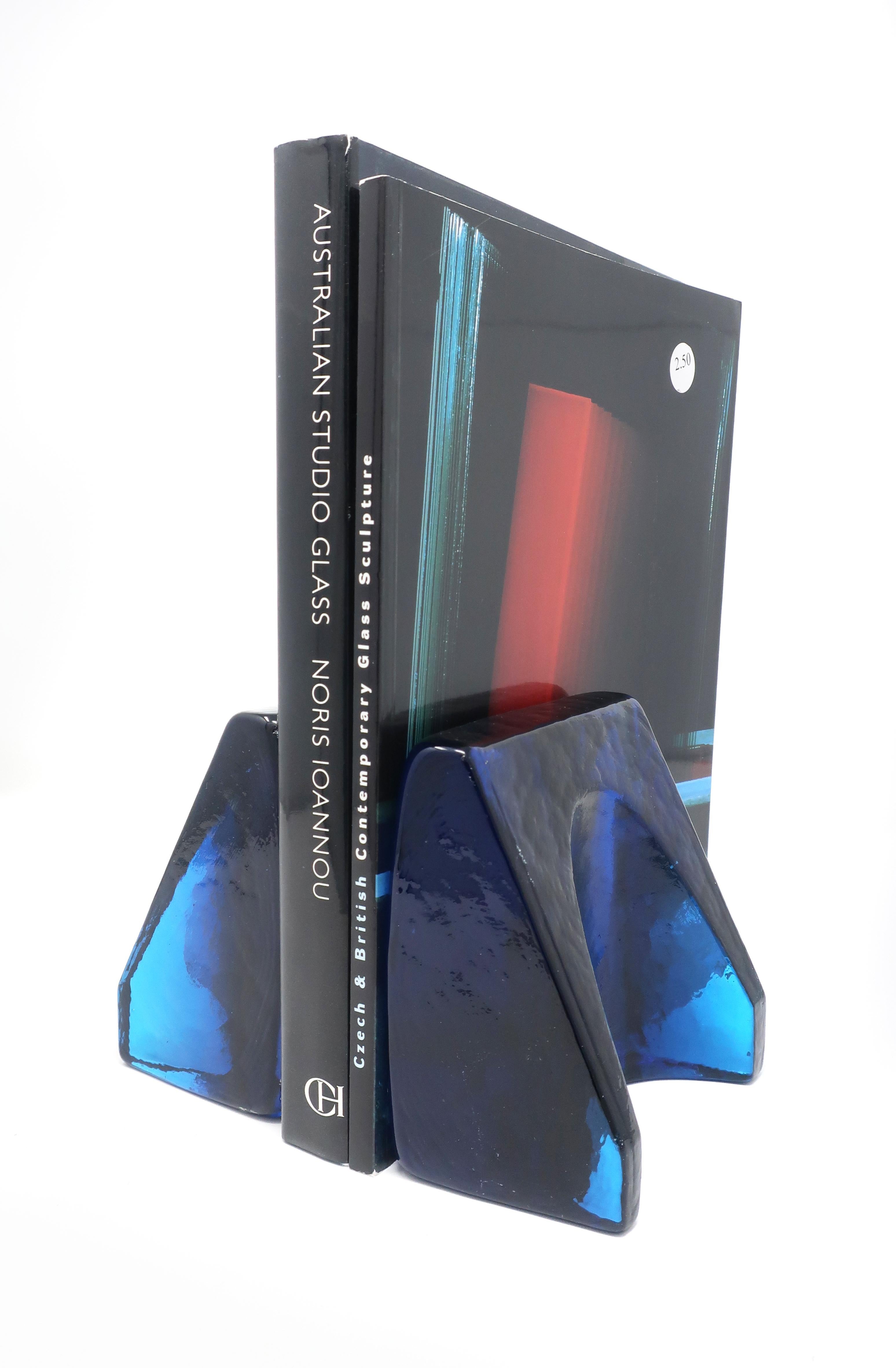 20th Century Blue Cast Glass Bookends by Wayne Husted for Blenko