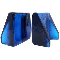 Blue Cast Glass Bookends by Wayne Husted for Blenko