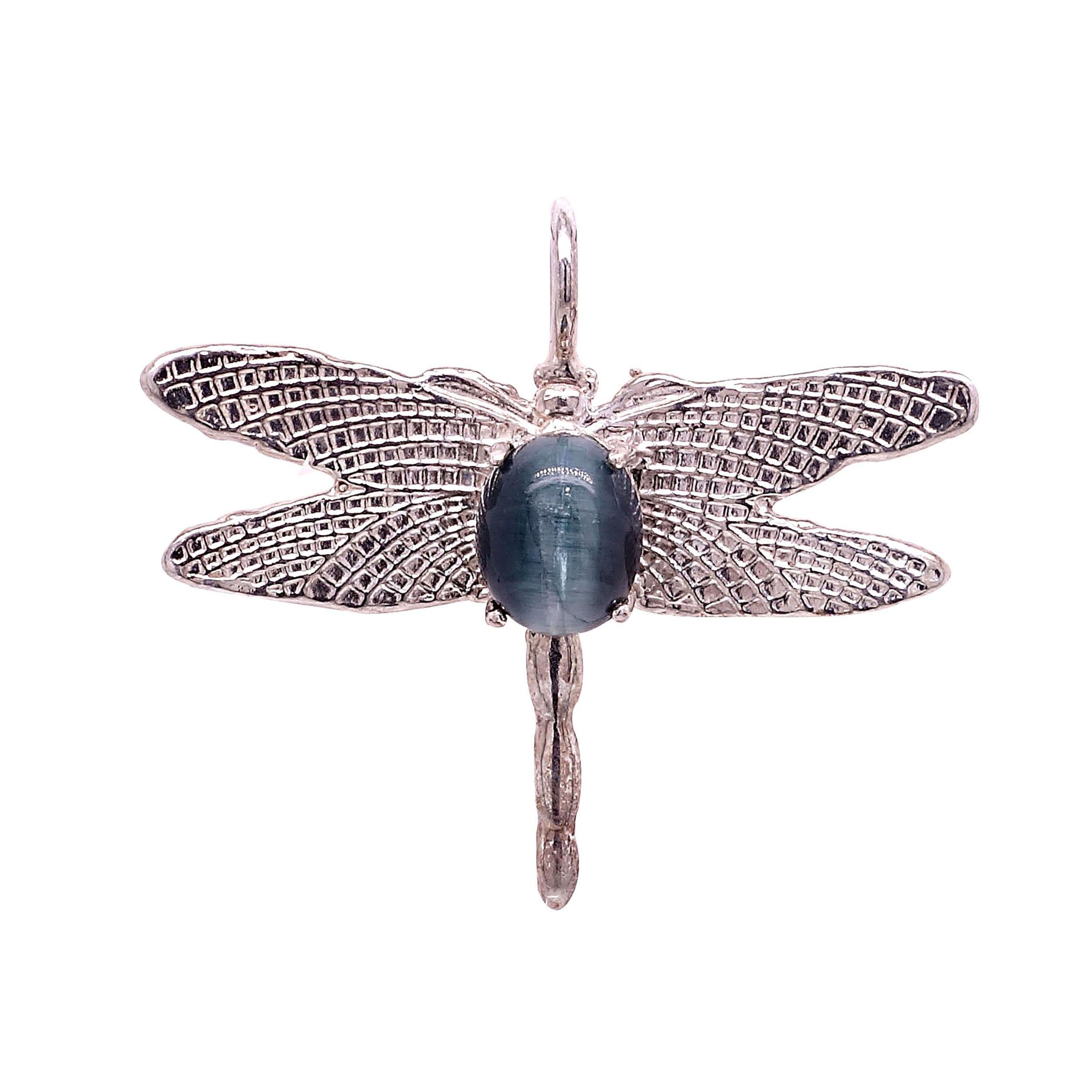 Wonderful pendant of Sterling Silver Dragonfly with a body of blue Cat's Eye Tourmaline. This delightful pendant is such fun, you'll want to wear it with everything. The entire pendant is 1 1/4 inches long by 1 3/8 inches wide. The detail in the