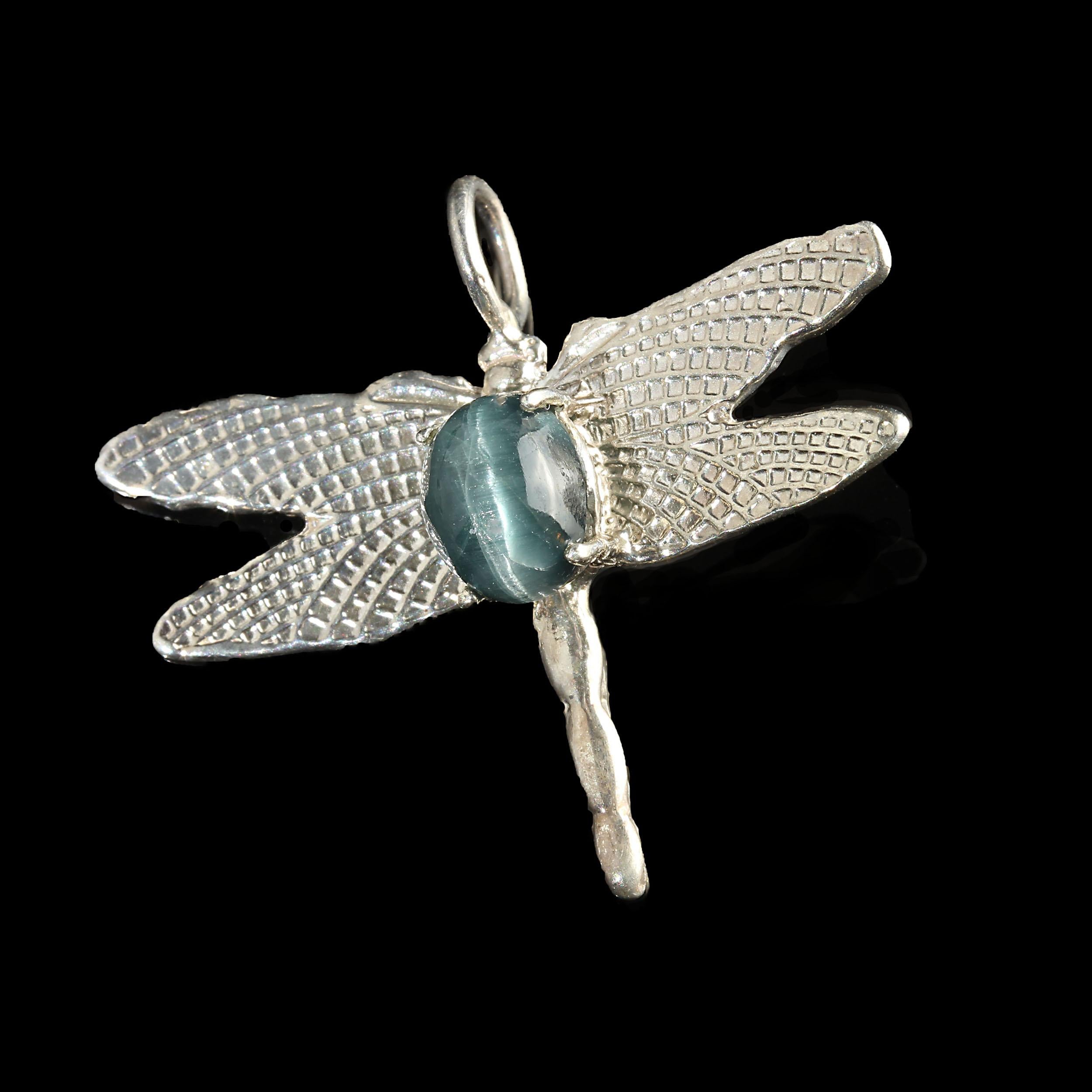 Cabochon AJD Blue Cat's Eye Tourmaline Set in Sterling Silver Dragonfly Pendant For Sale