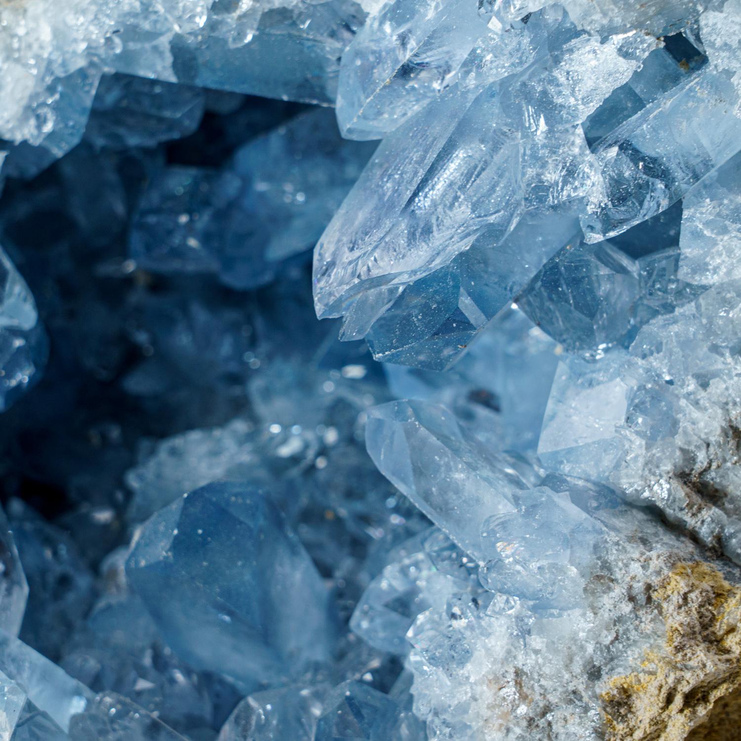 This unique Madagascan Blue Celestite Cluster exhibits large, gem crystals of remarkable quality, featuring prism faces and sharp chisel-terminations - surpassing the average blue-grey grains from the region. All shiny crystals are glassy and boast