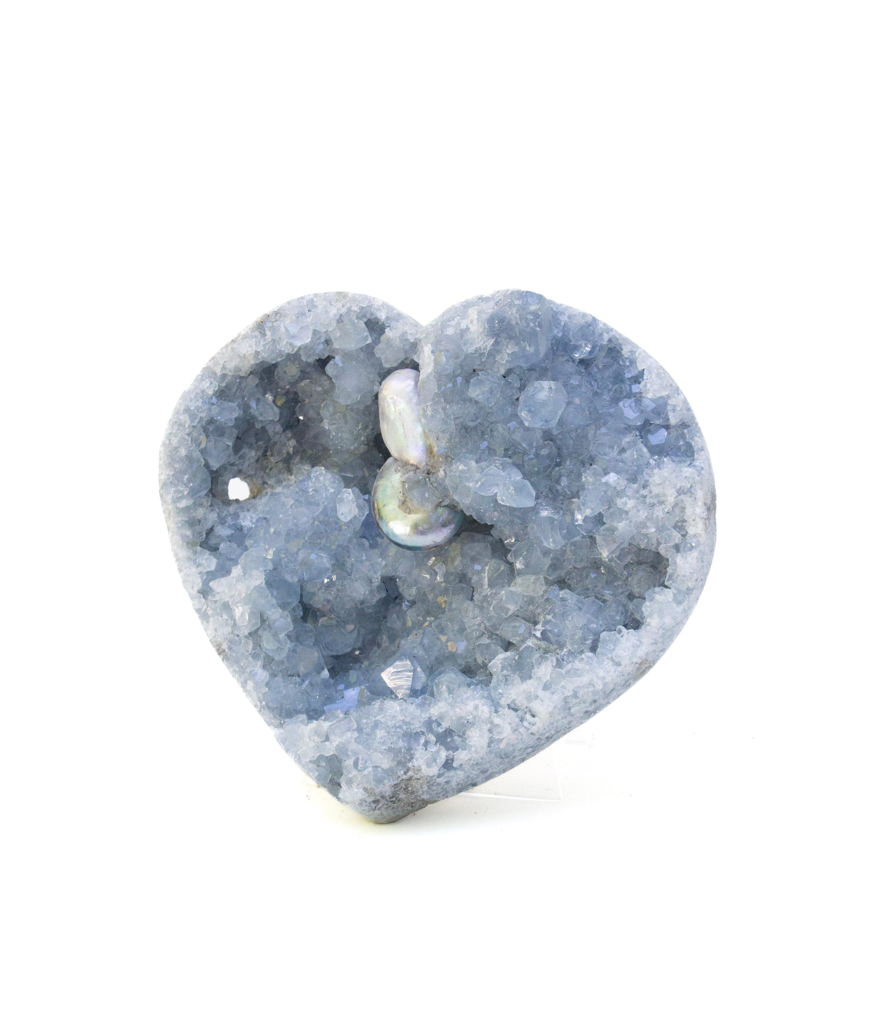 Organic Modern Blue Celestite Heart Shaped Geode with Natural Forming Baroque Pearls on Lucite For Sale