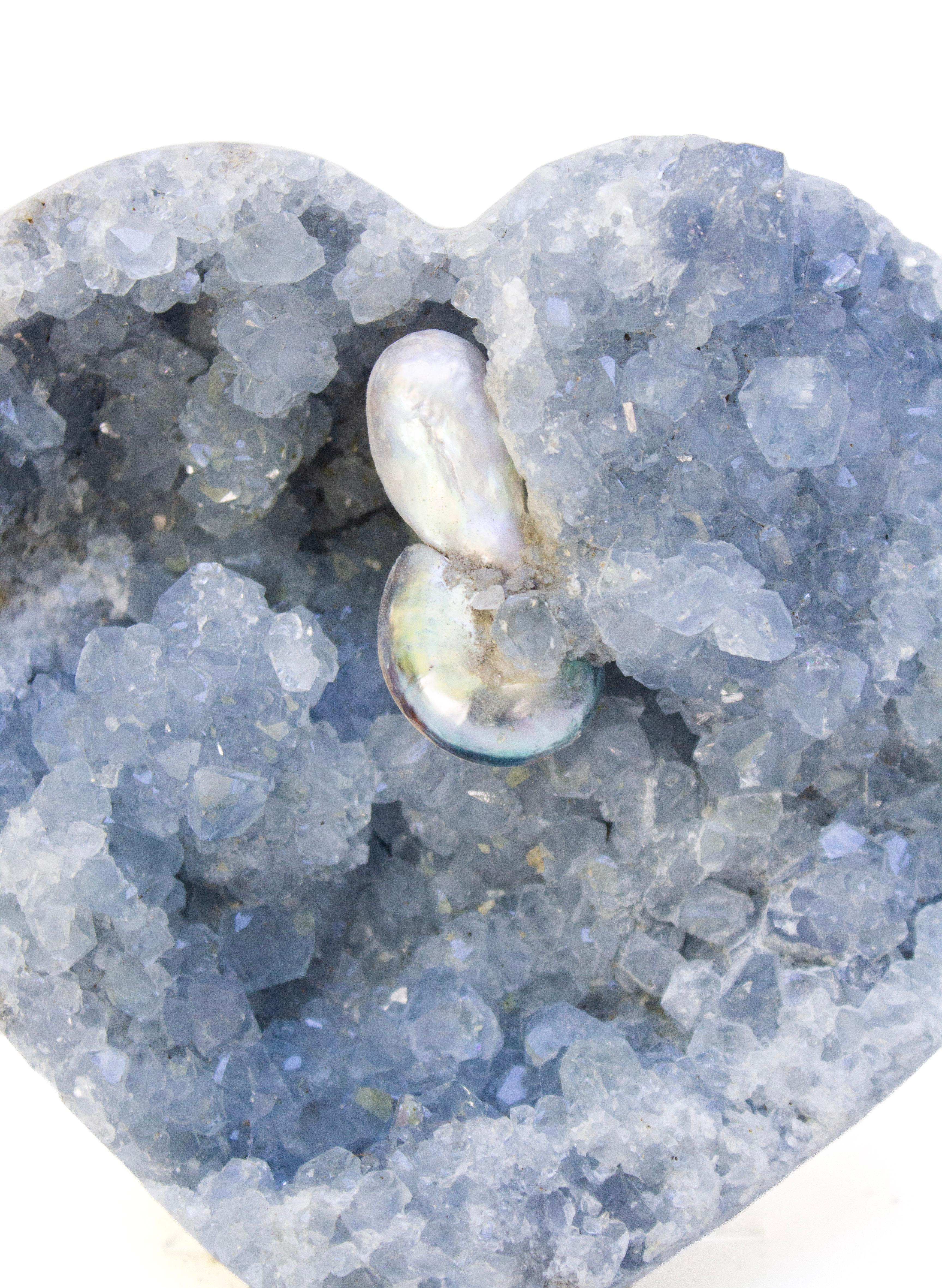 Moroccan Blue Celestite Heart Shaped Geode with Natural Forming Baroque Pearls on Lucite For Sale