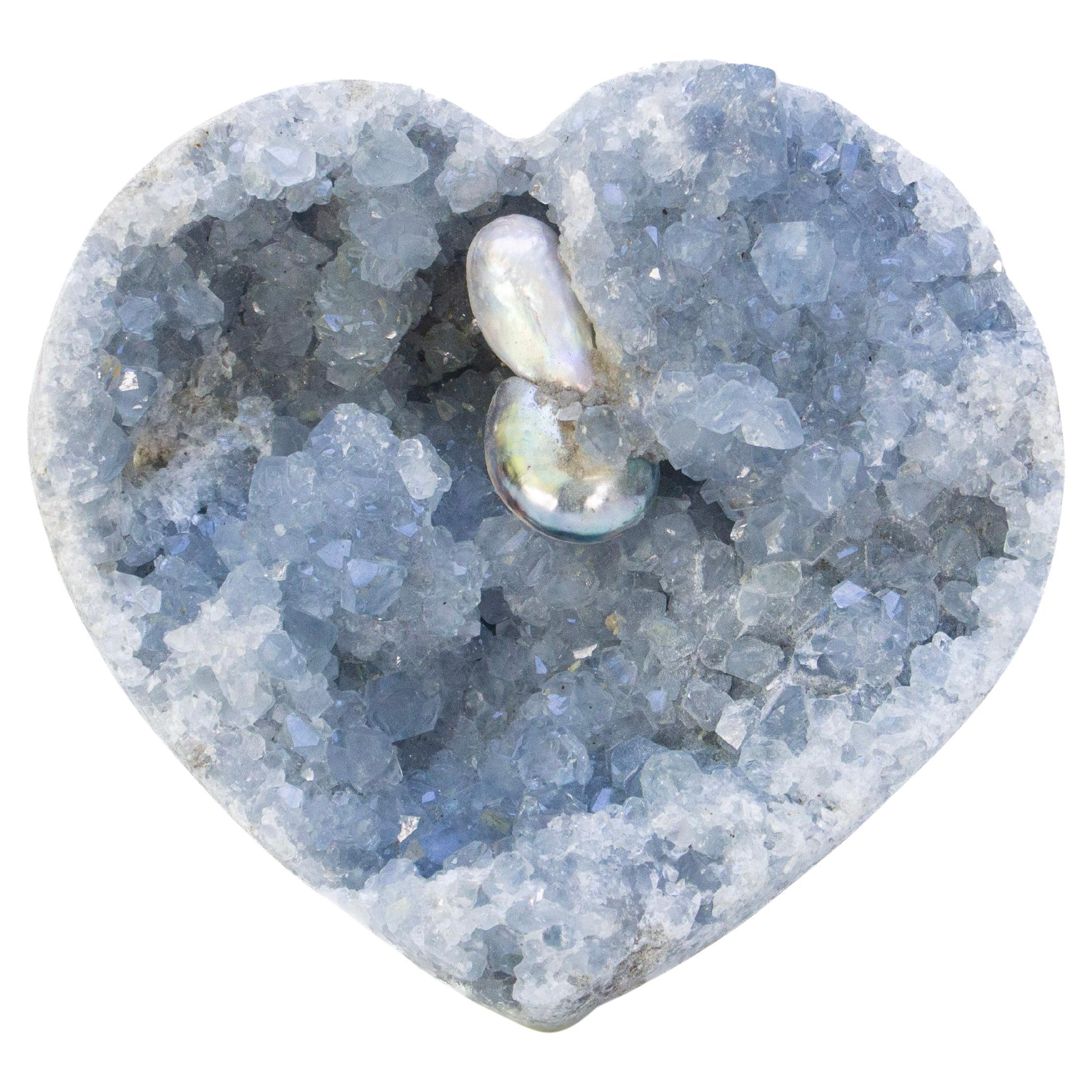Blue Celestite Heart Shaped Geode with Natural Forming Baroque Pearls on Lucite For Sale