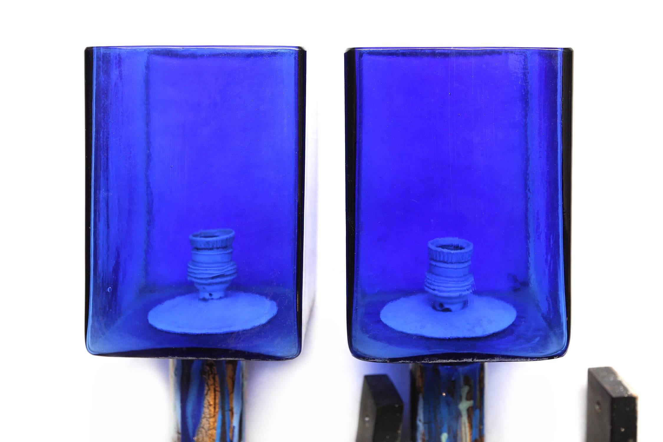 Modern Blue Ceramic and Glass Sconces For Sale