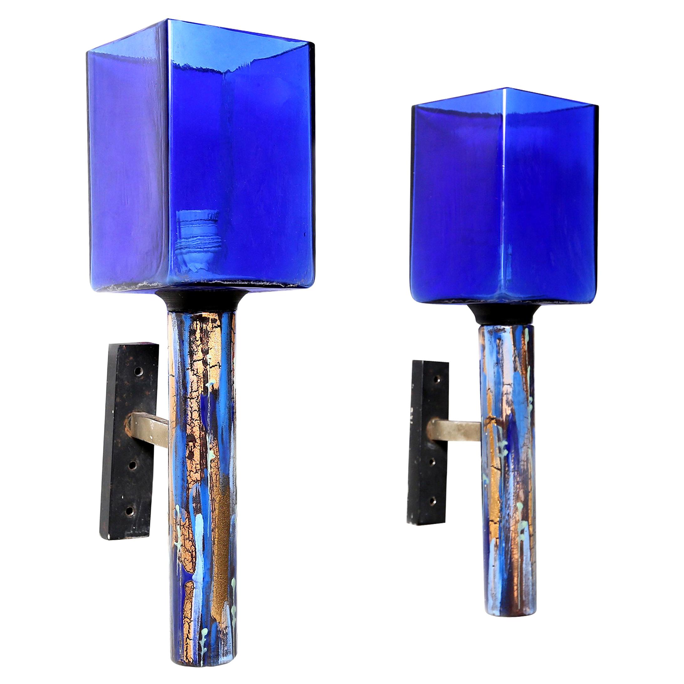 Blue Ceramic and Glass Sconces For Sale