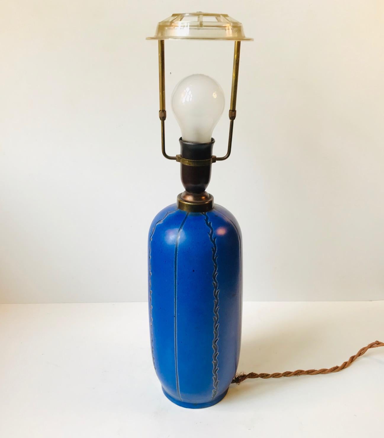 Stoneware Blue Ceramic Art Deco Table Lamp by Søholm, Denmark, circa 1940 For Sale