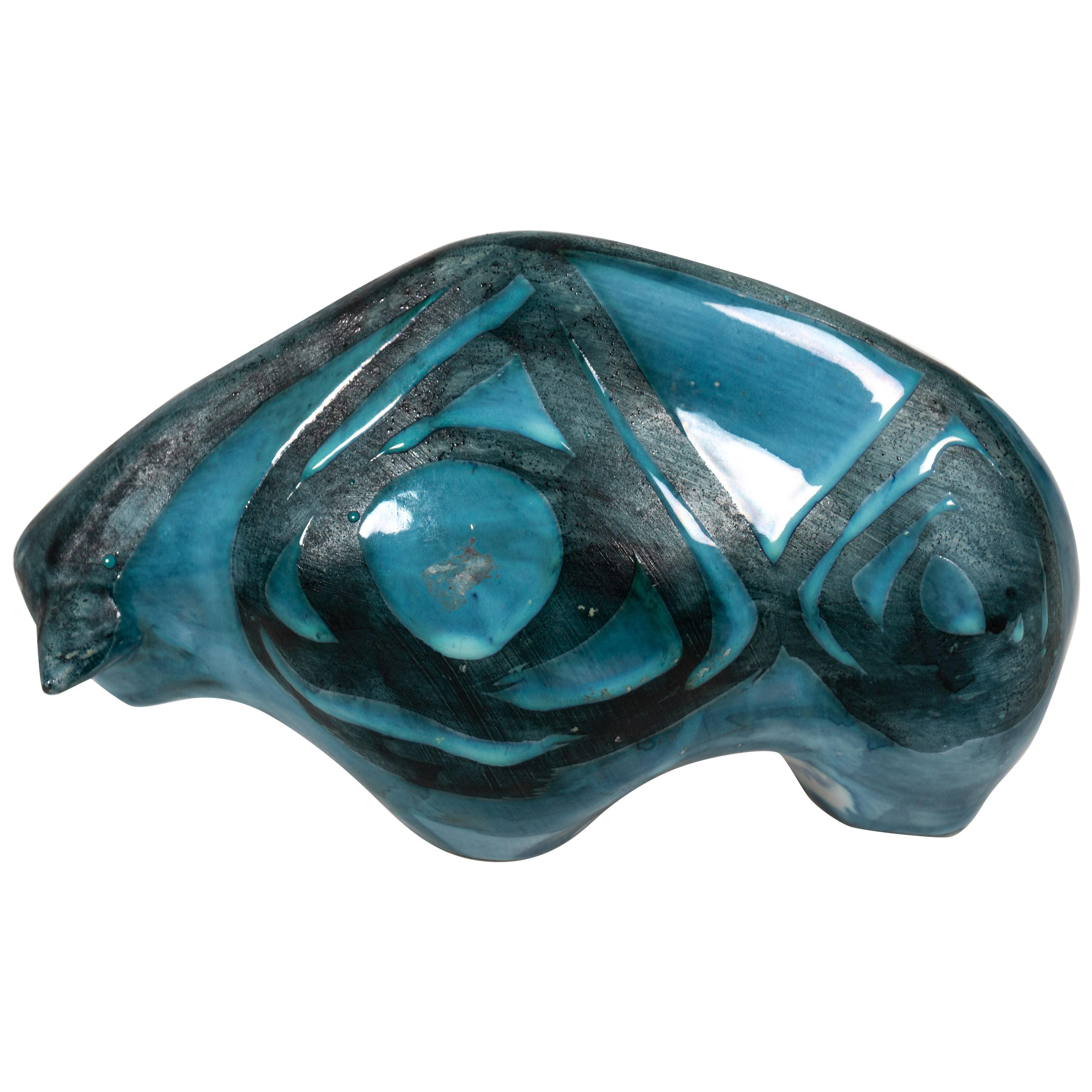Modern Ceramic Bull with Abstract Blue Decor