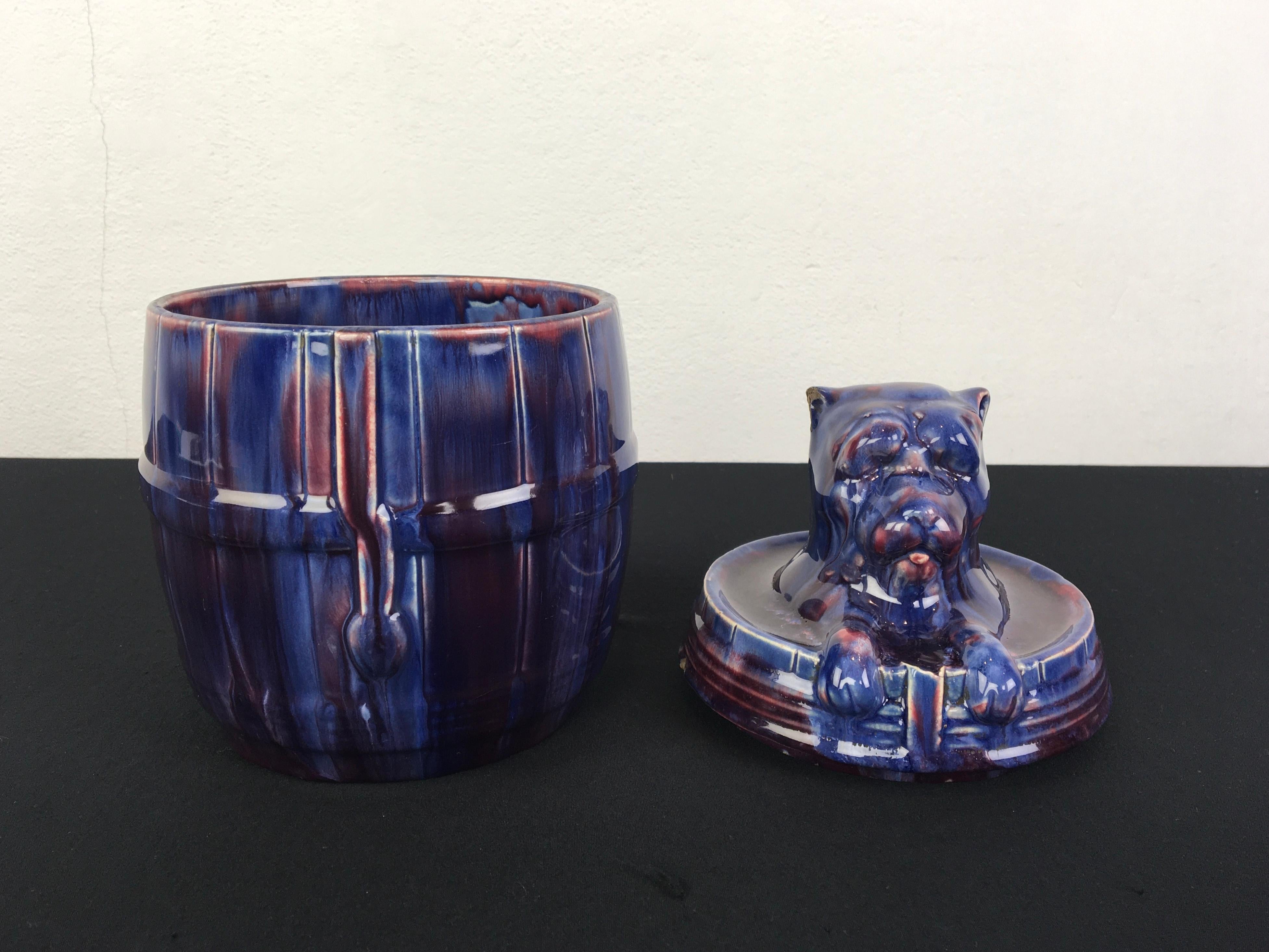 Blue Ceramic Bulldog Barrel Tobacco Jar For Sale 3