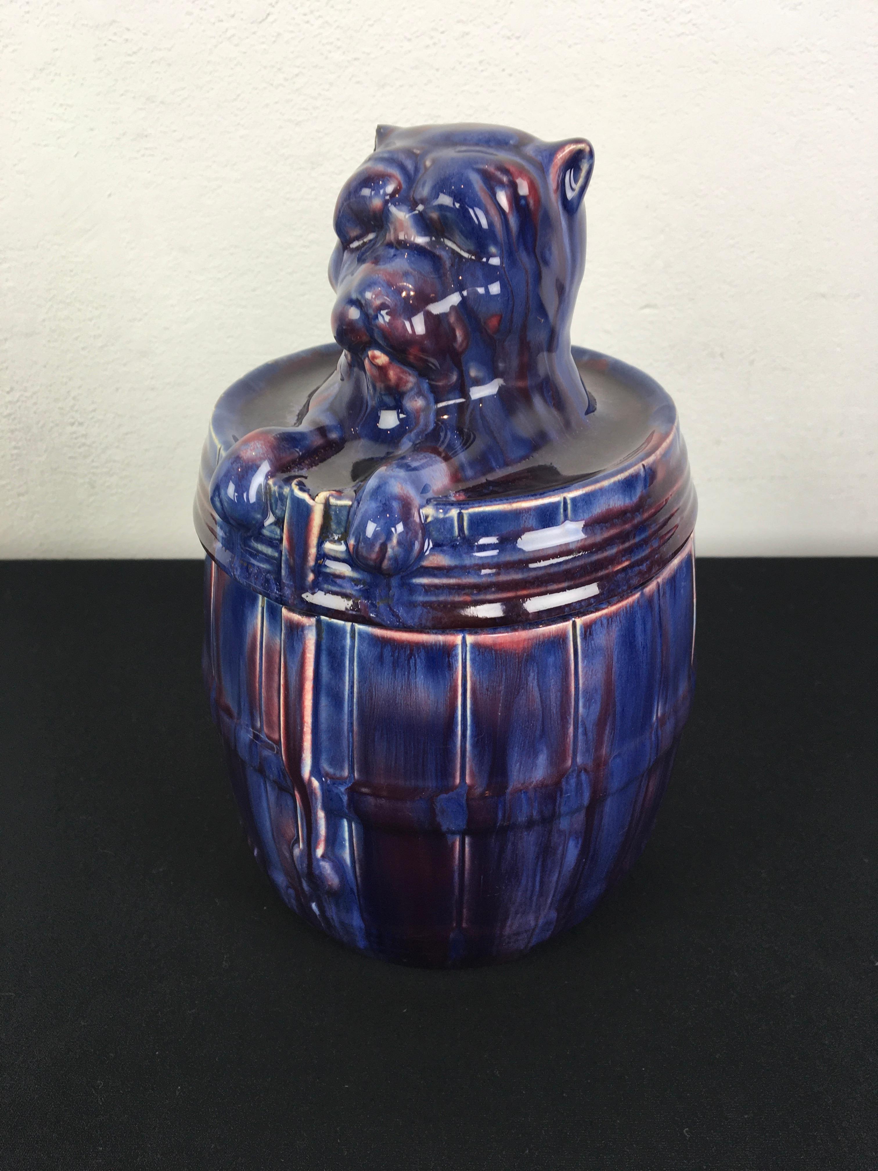 Blue Ceramic Bulldog Barrel Tobacco Jar For Sale 8