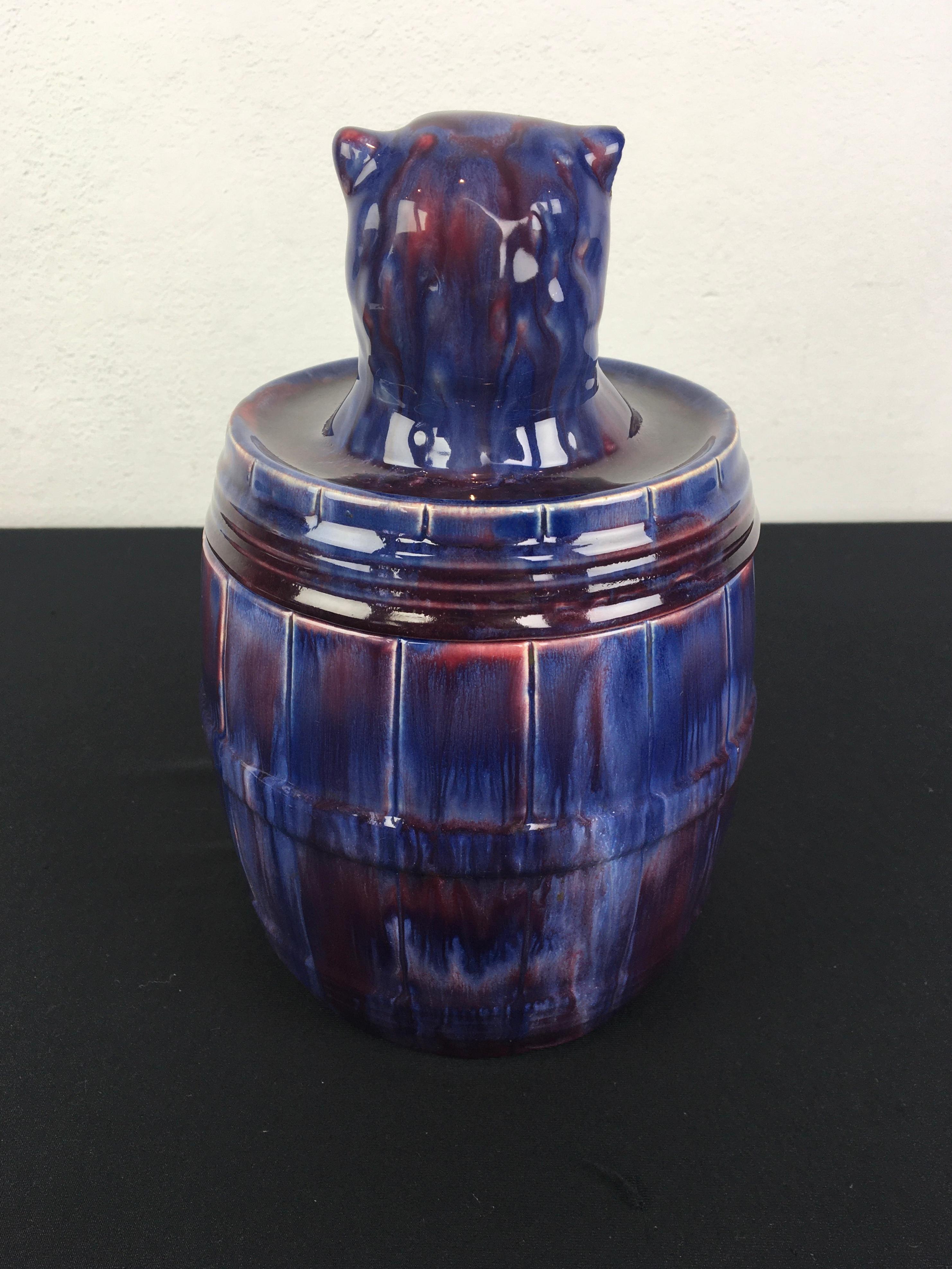 Art Nouveau Blue Ceramic Bulldog Barrel Tobacco Jar For Sale