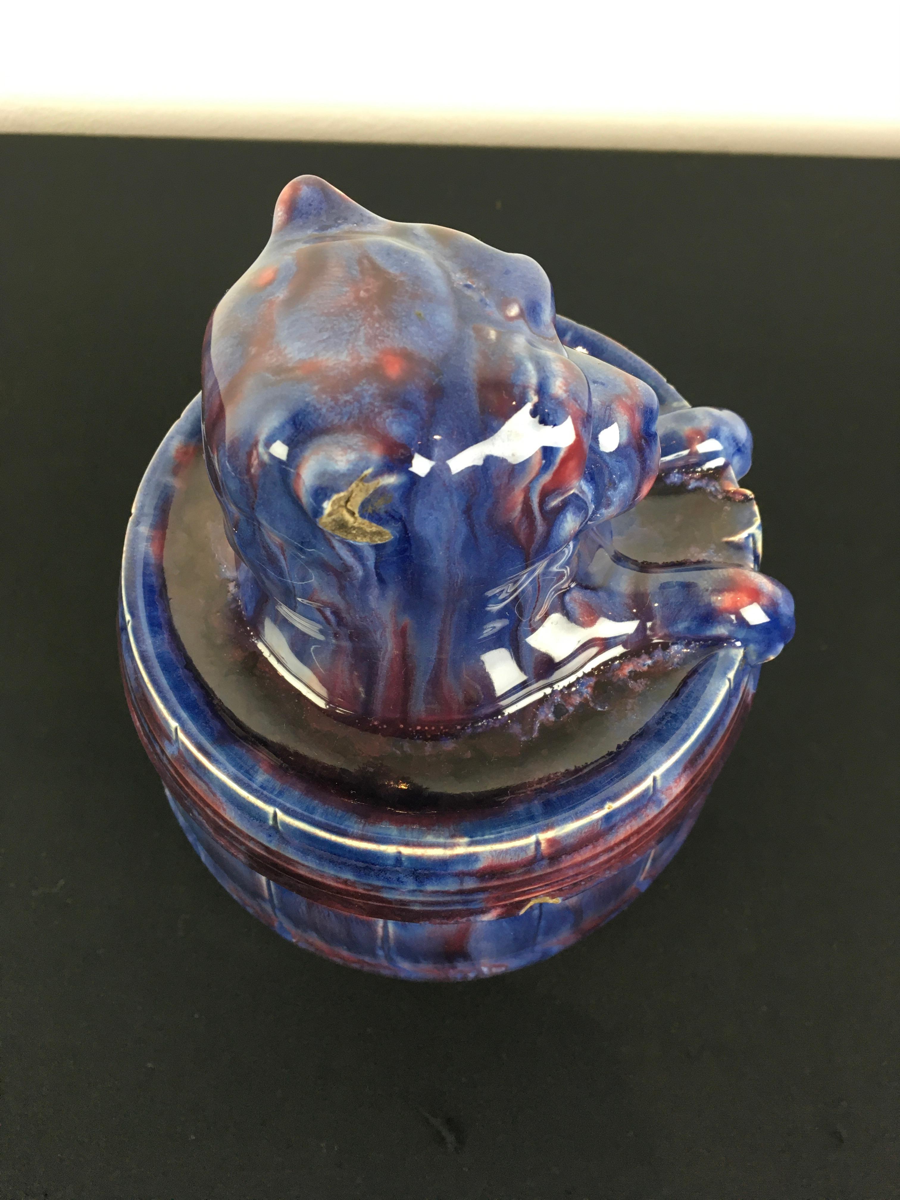 Glazed Blue Ceramic Bulldog Barrel Tobacco Jar For Sale