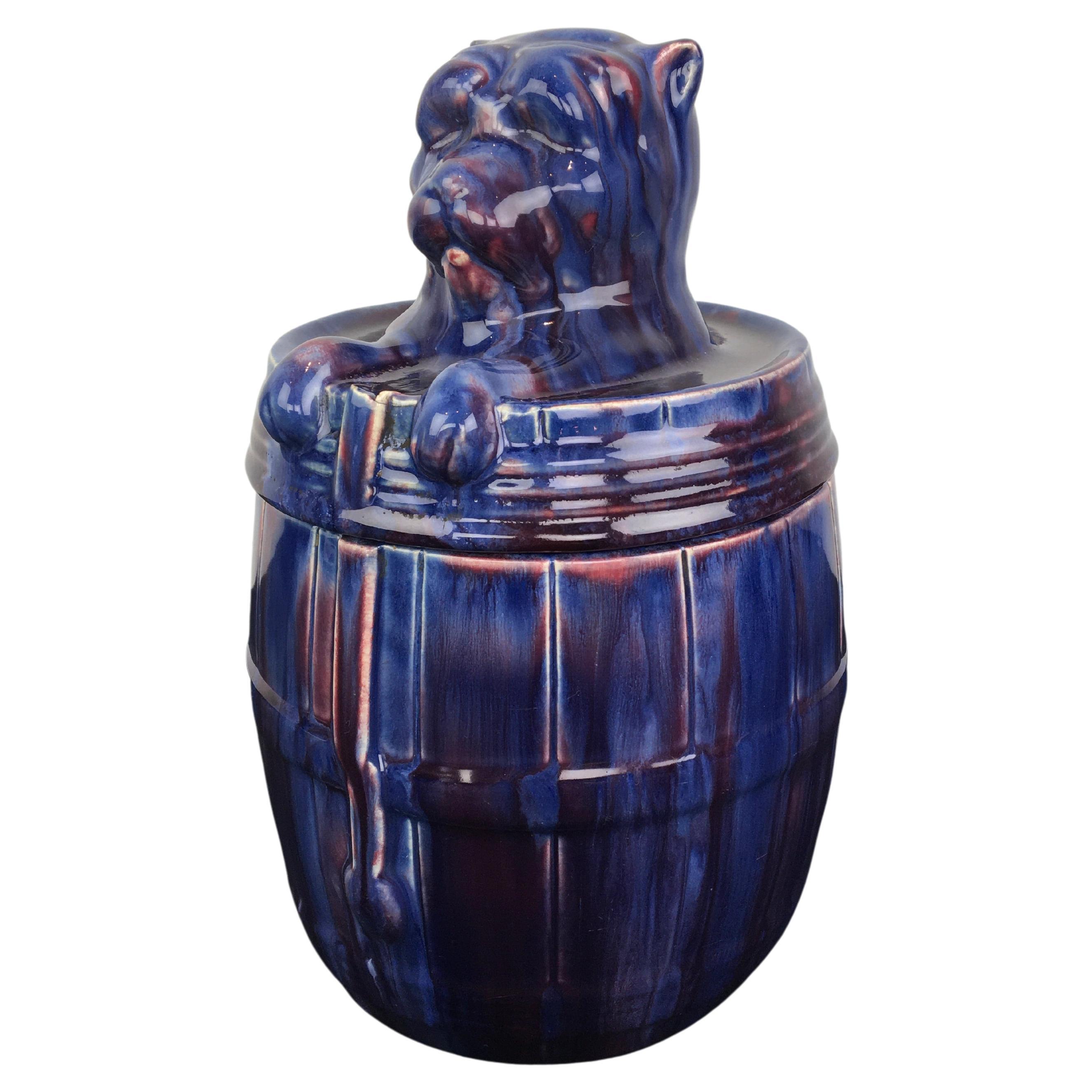 Blue Ceramic Bulldog Barrel Tobacco Jar For Sale