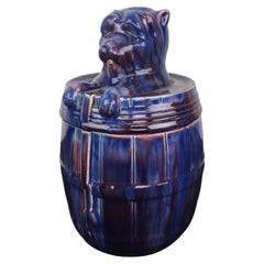 Retro Blue Ceramic Bulldog Barrel Tobacco Jar