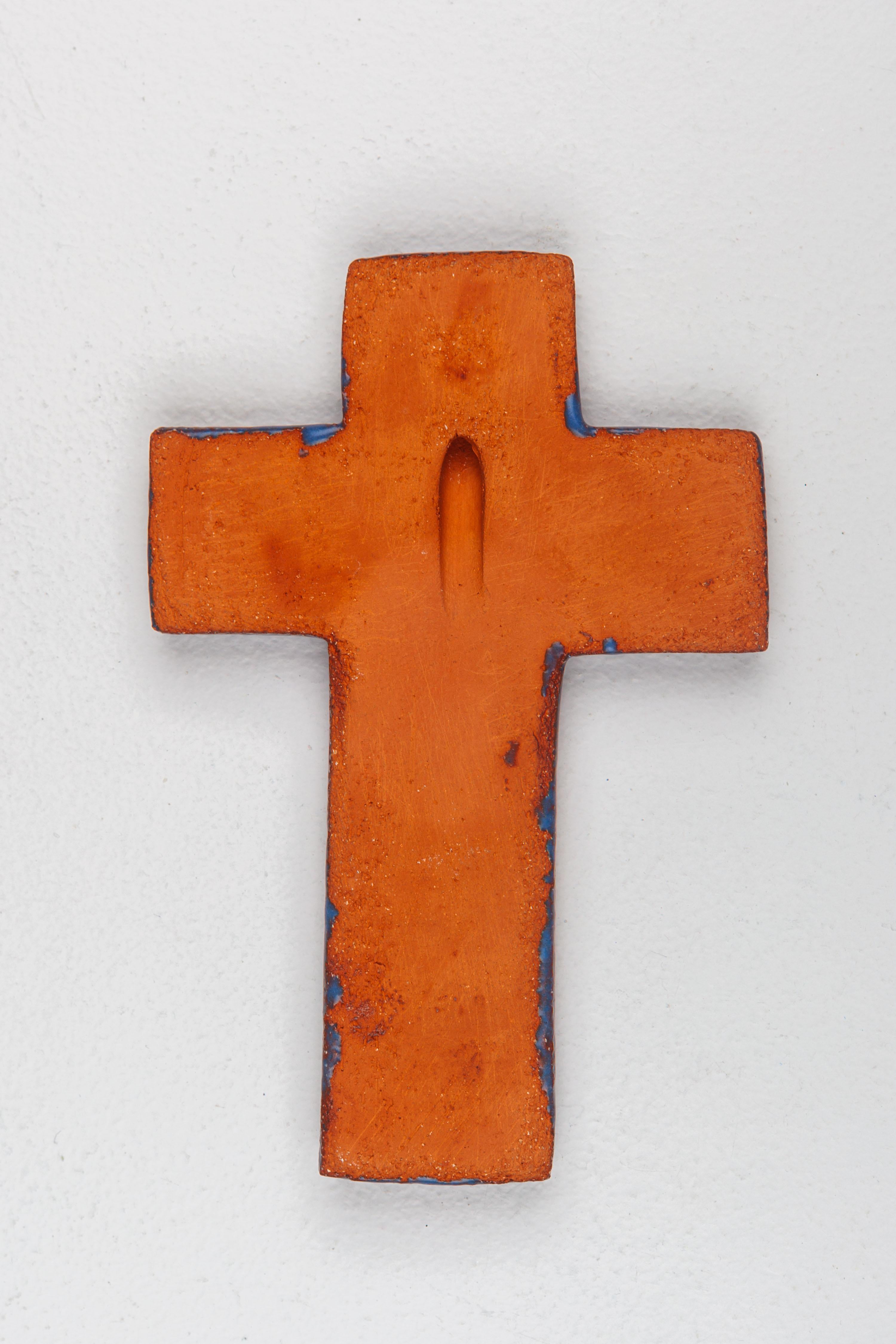 Mid-20th Century Blue Ceramic Cross with Abstract Line-Drawn Christ For Sale